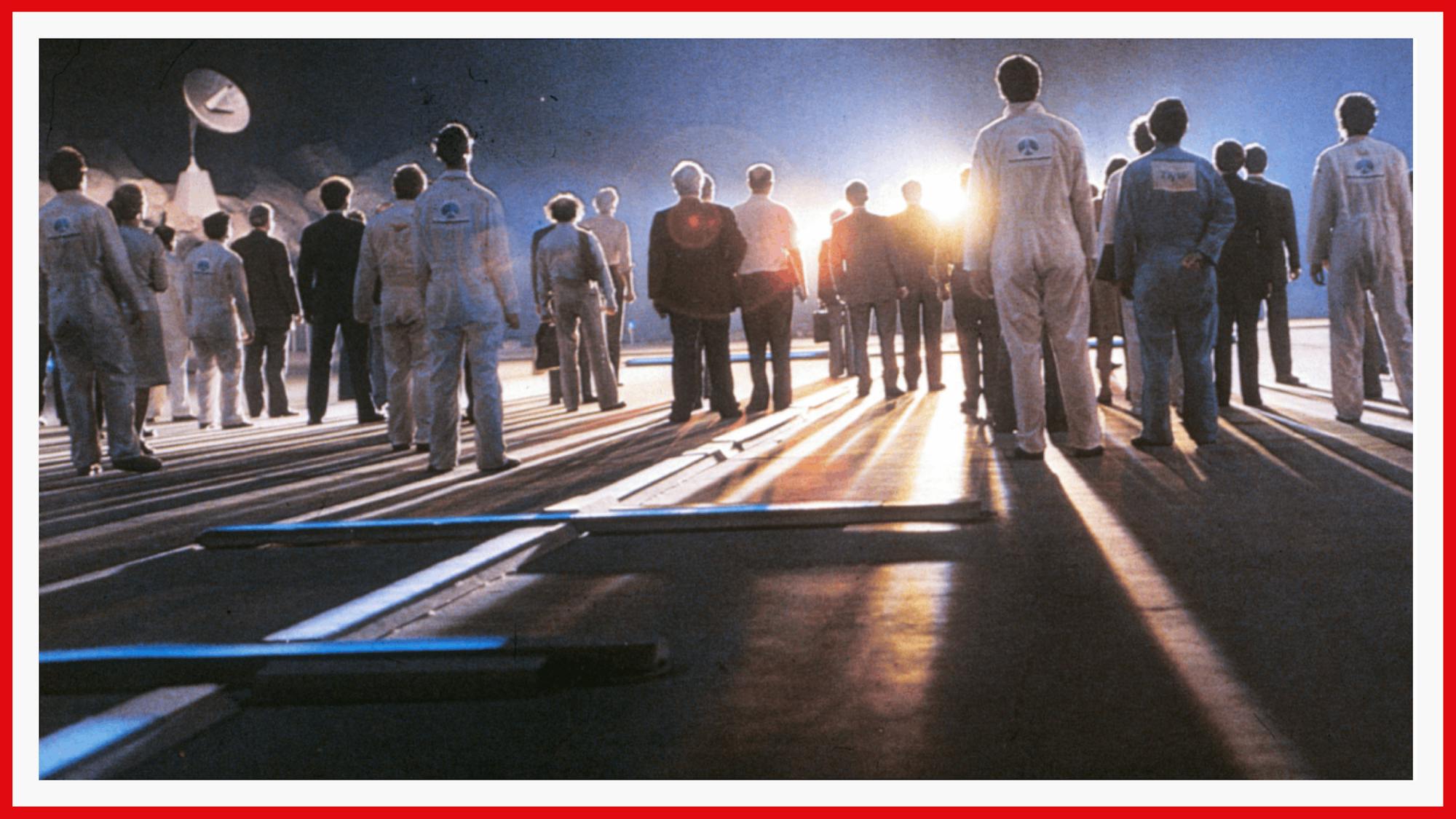 Astronauts peer over the horizon in the most famous shot from the film.