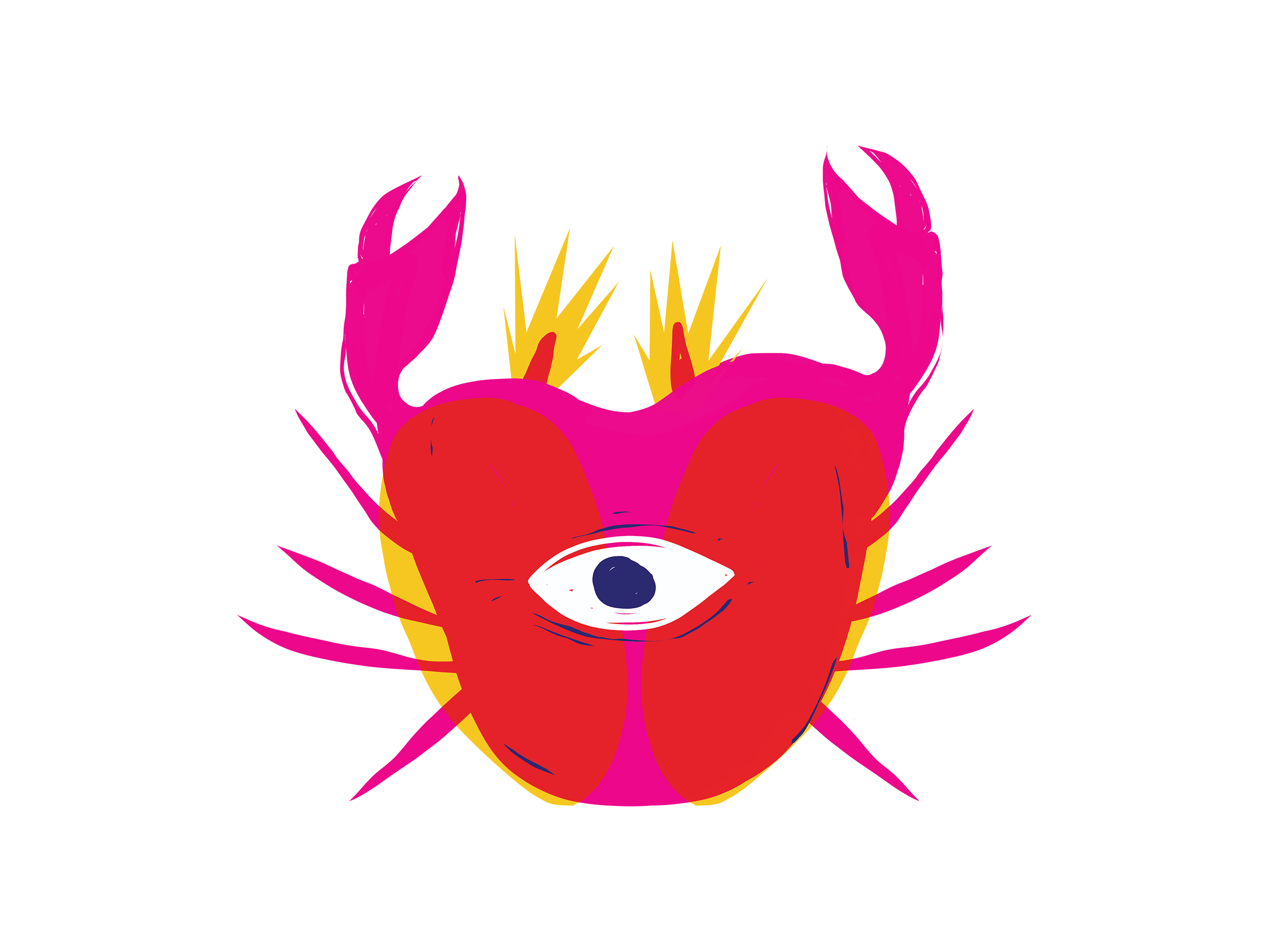 a red and pink crab with a single eye in the middle.
