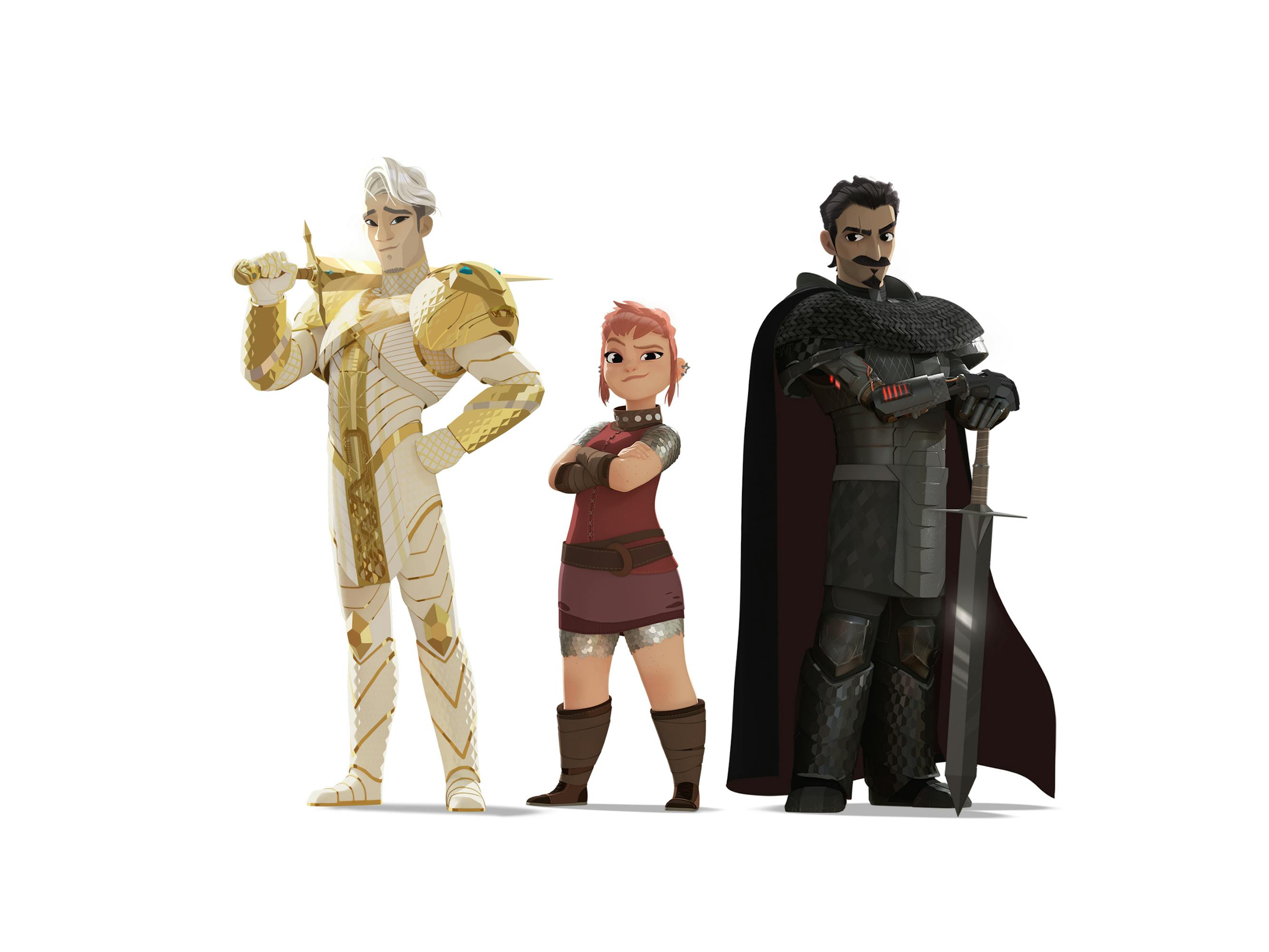 Sir Ambrosius Goldenloin, Nimona, and Lord Ballister Boldheart as they appear in the movie.