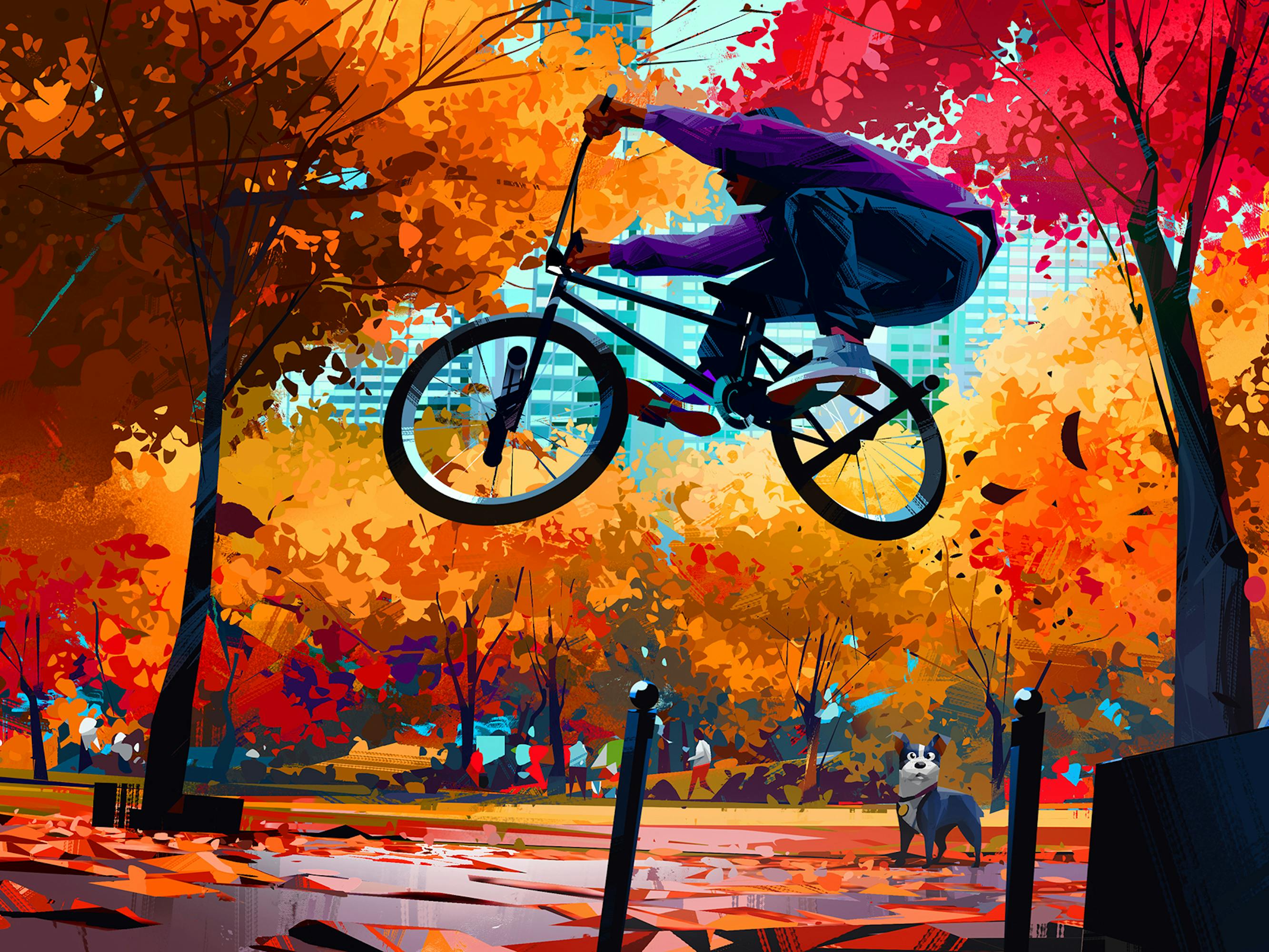 Jabari (Scott Mescudi) bikes through a foliage-filled park.