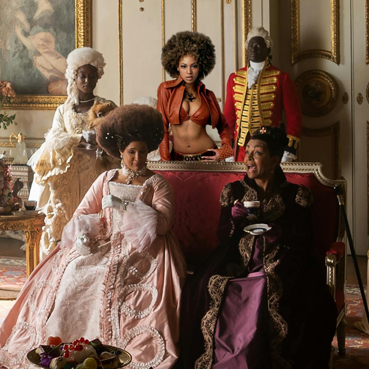 Queen Charlotte (Golda Rosheuvel), Foxxy Cleopatra (Beyoncé) in Austin Powers in Goldmember, and Lady Danbury (Adjoa Andoh). Sit around an ornate living room.  