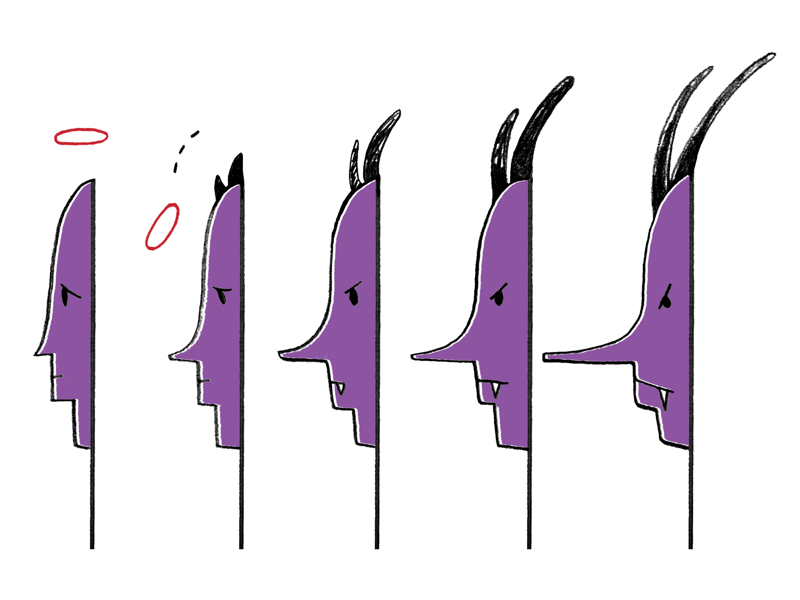 Five purple faces point to the left with varying degrees of nose pointy-ness.