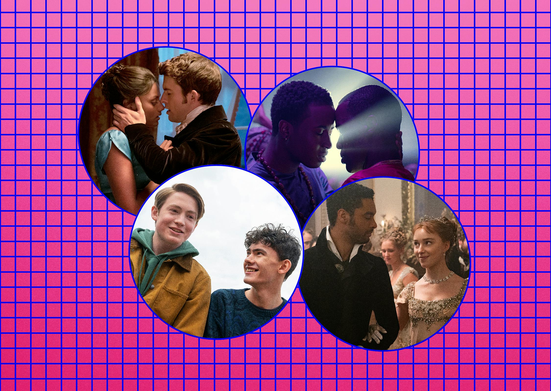 Four windows into some of Netflix's steamiest shows. From top left to bottom right Antony Bridgerton and Kate Sharma are tortured in a will-they-wont-they embrace in Bridgerton; Eric Effiong embraces Oba in a rave-lit shot in Sex Education; Heartstopper's Nick and Charlie smile and look giddy with a crush; another shot from Bridgerton shows Daphne and the Duke wake through a ball. 