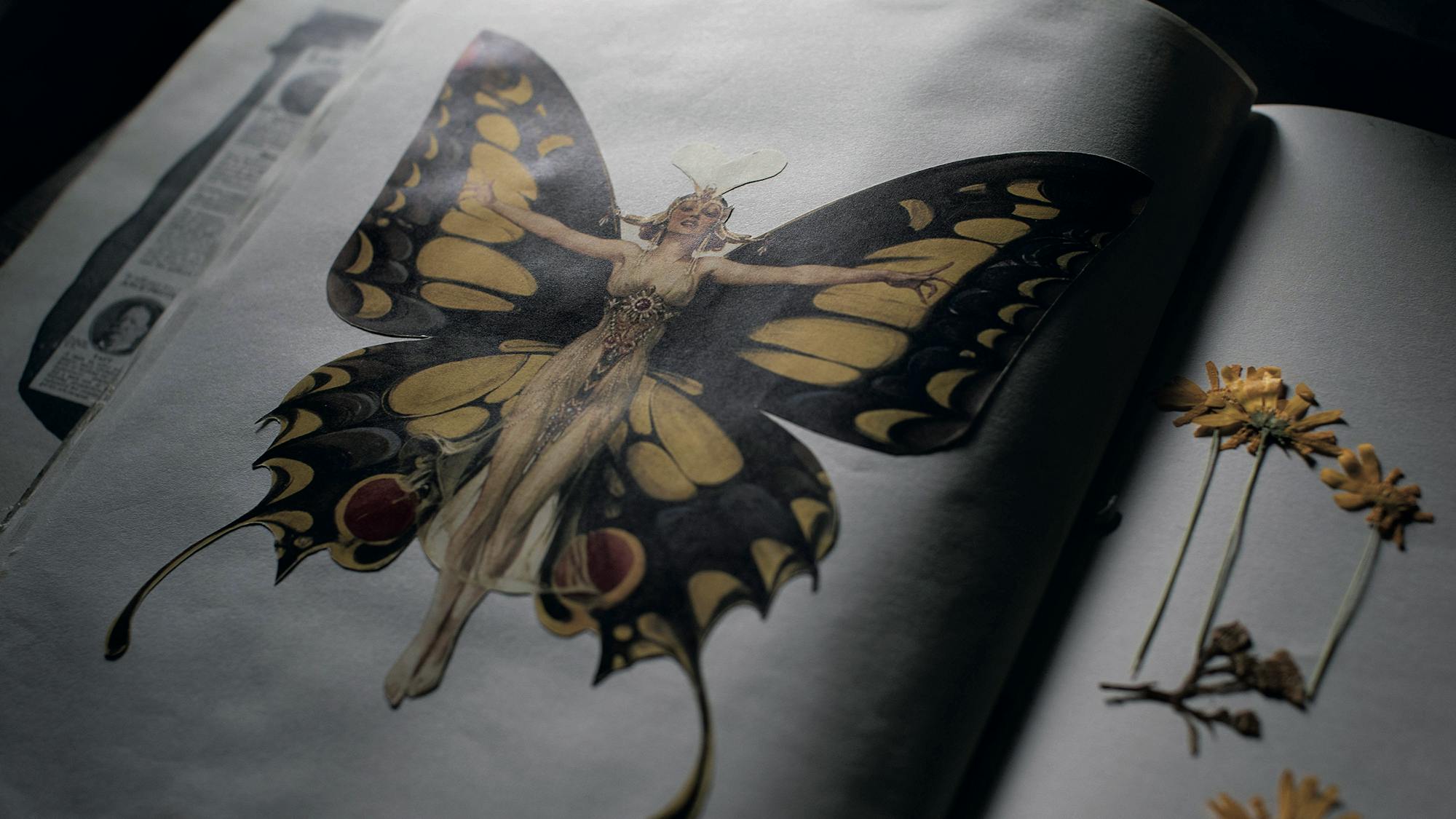 A butterfly woman — black and yellow — on a white page of paper.