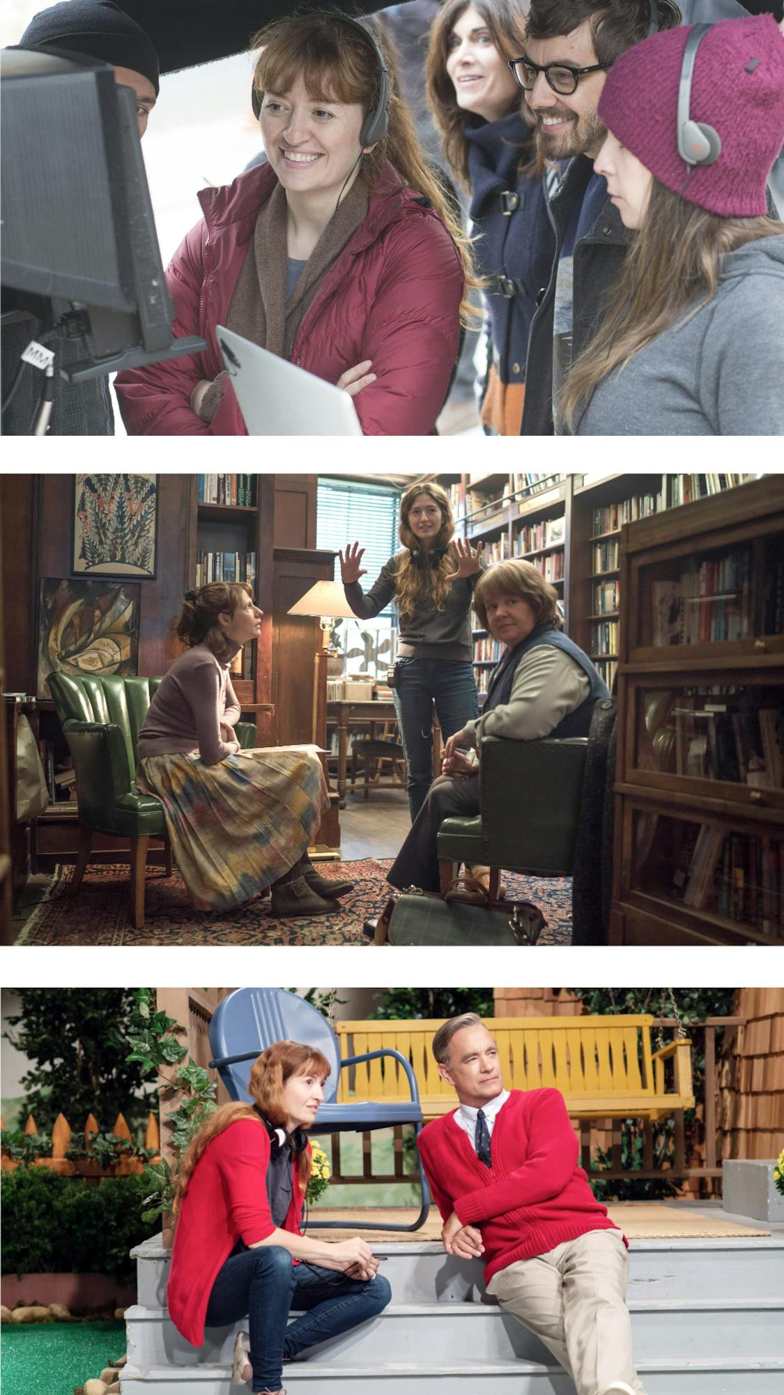 From top to bottom: Bundled in winter gear, Marielle Heller stands in front of a monitor as she directs. She’s smiling. In the second image, Dolly Wells and Melissa McCarthy sit in chairs next to a standing Marielle Heller. There are books around them and Heller gestures something with her hands. In the final image, Tom Hanks and Heller recline on the iconic front steps of Mister Rodgers’s house. He wears his trademarked khaki and red sweater combo, and she matches in a red cardigan. They look off into the distance. 