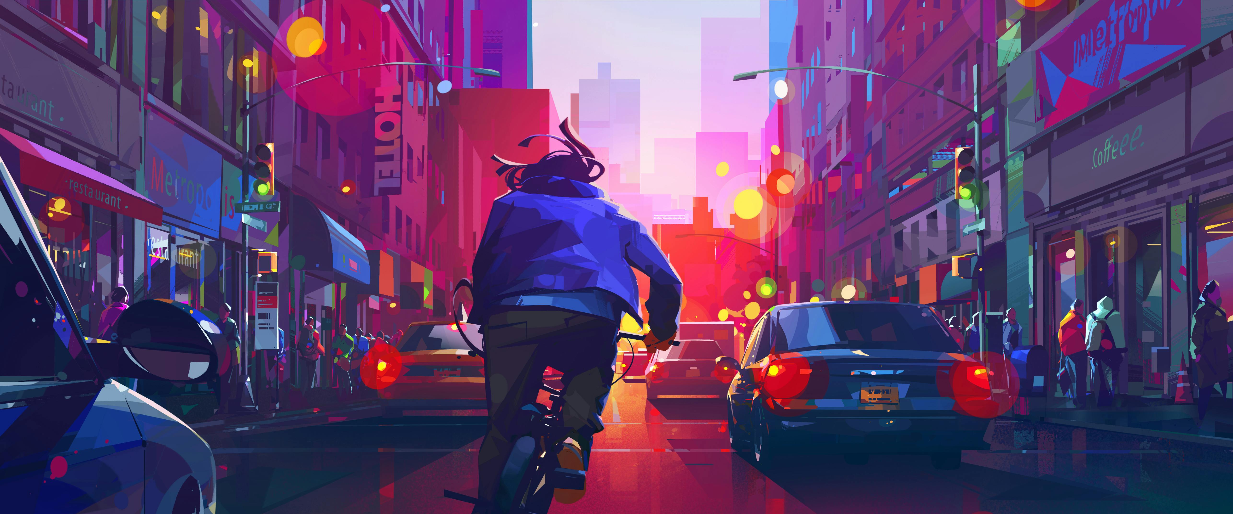 Jabari (Scott Mescudi) bikes through a psychedelic New York City.  