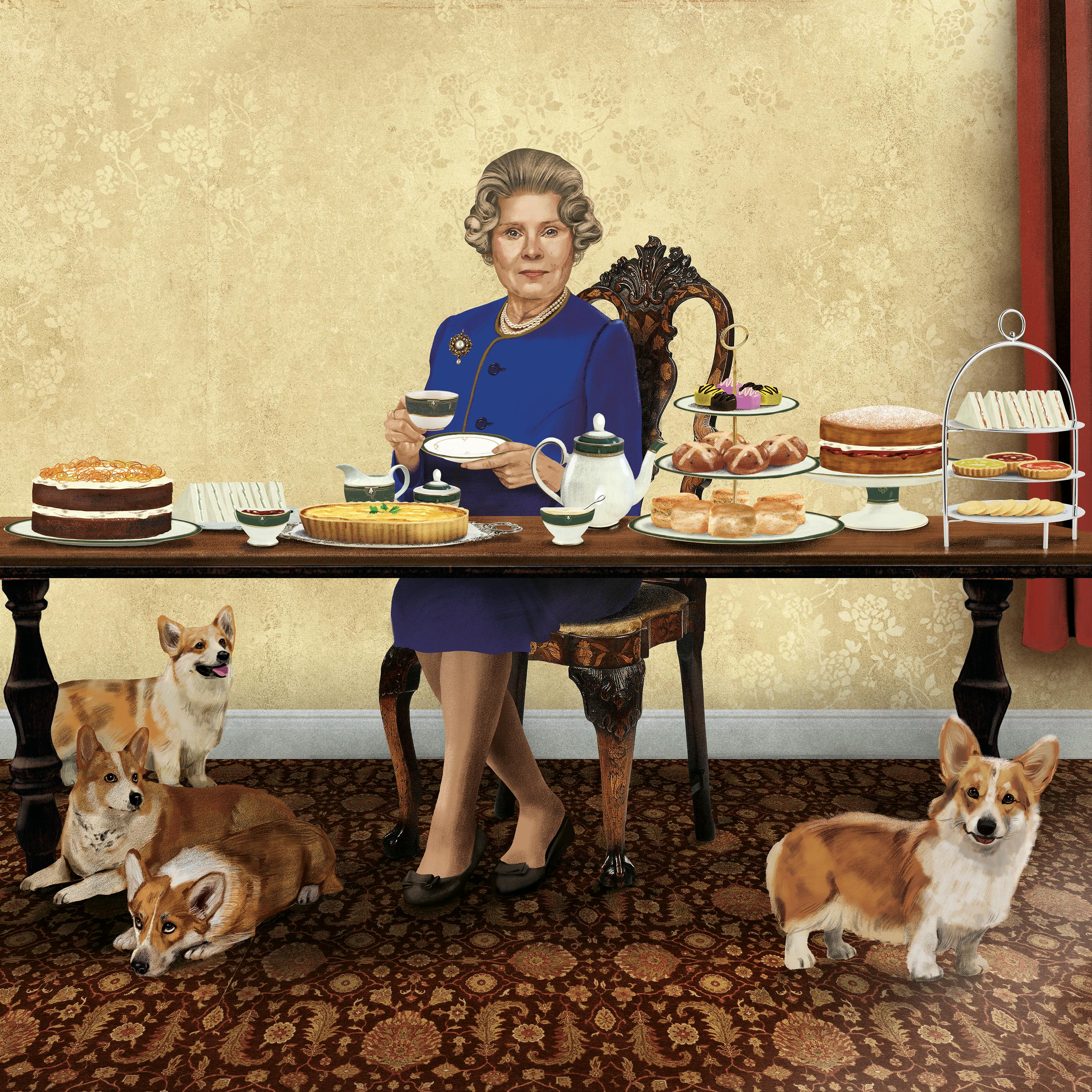 Imelda Staunton sits regally in an ornate chair at a dinner table filled with a wonderland of treats. At her feet sit four corgis, who are impeccably stout. All looks well in the royal family in this picture… but don’t be fooled. 