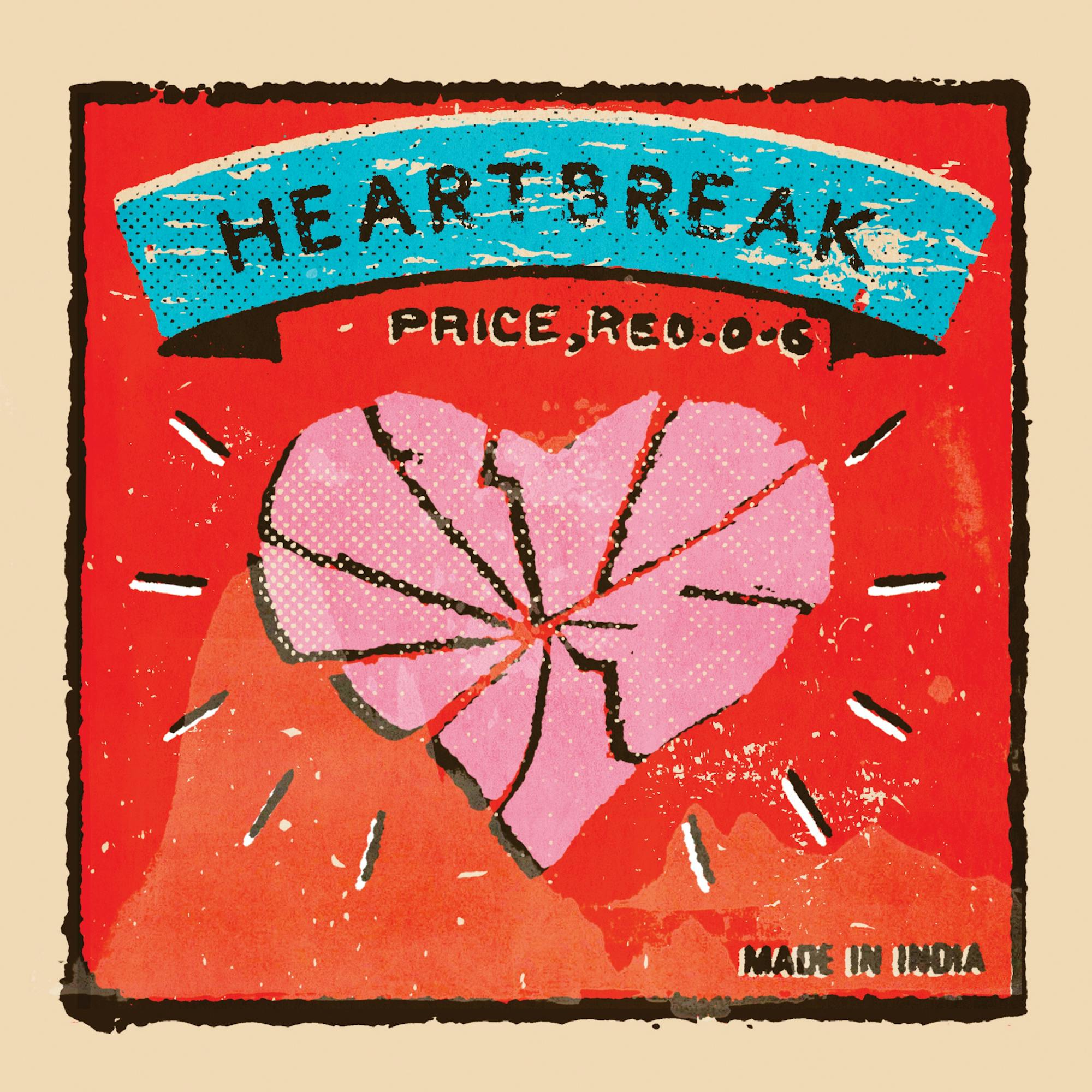 A cracked pink heart against a red backdrop, with the words ‘heartbreak’ in black in a blue banner above.
