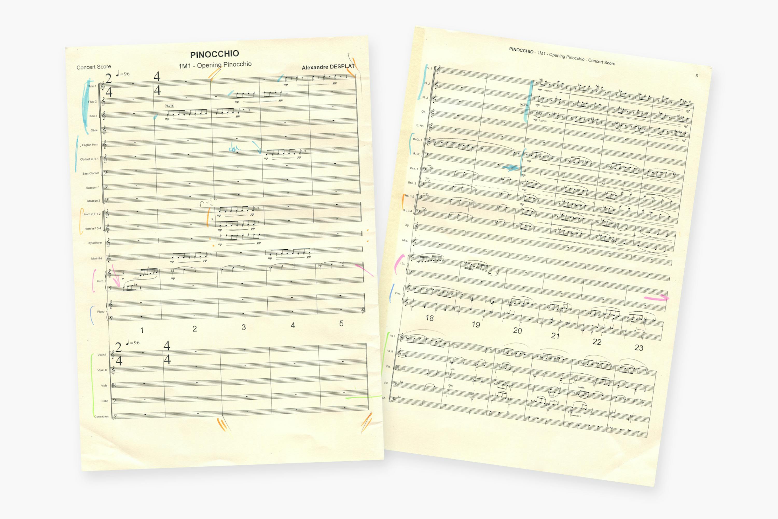An annotated music sheet from Guillermo del Toro's Pinocchio.