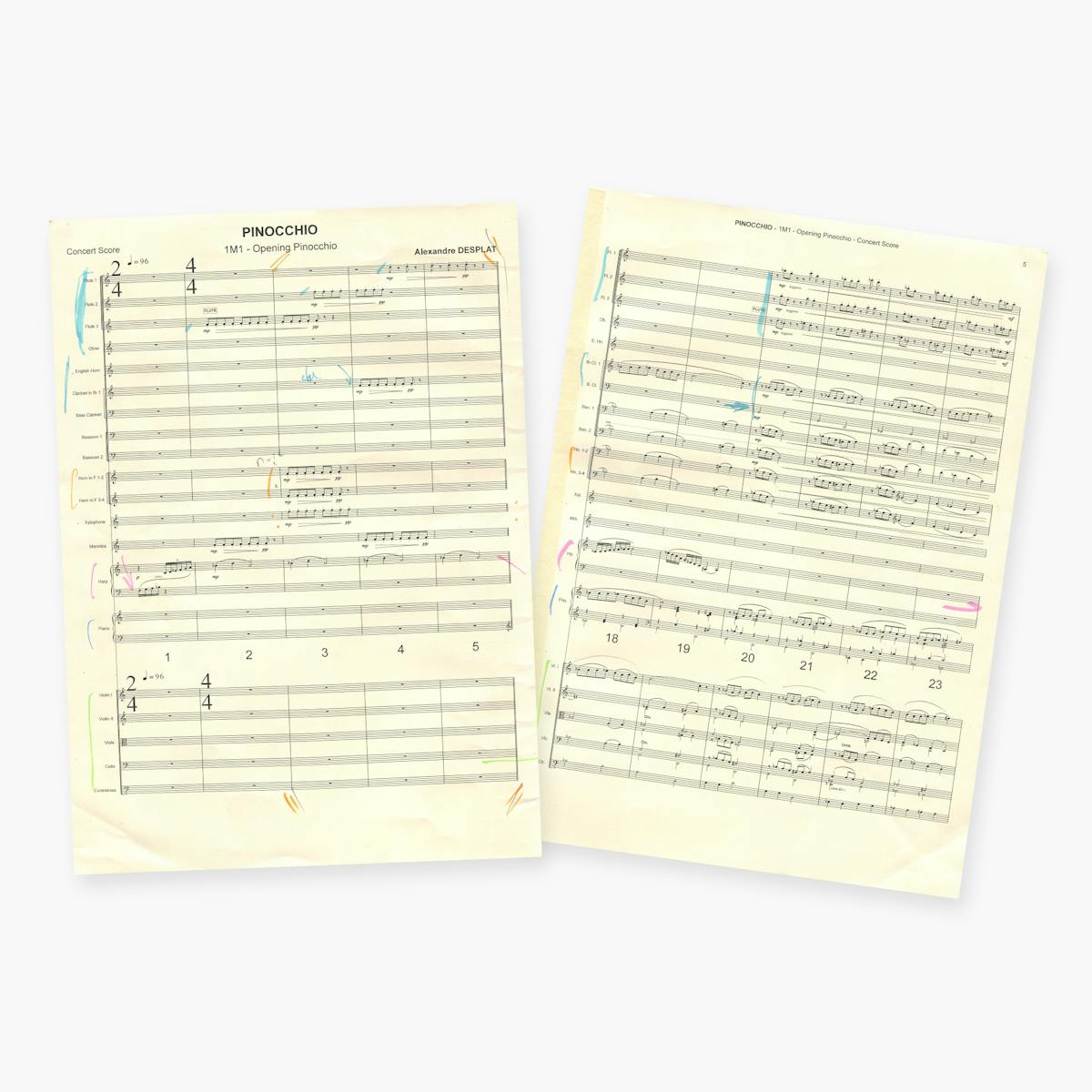 An annotated music sheet from Guillermo del Toro's Pinocchio.
