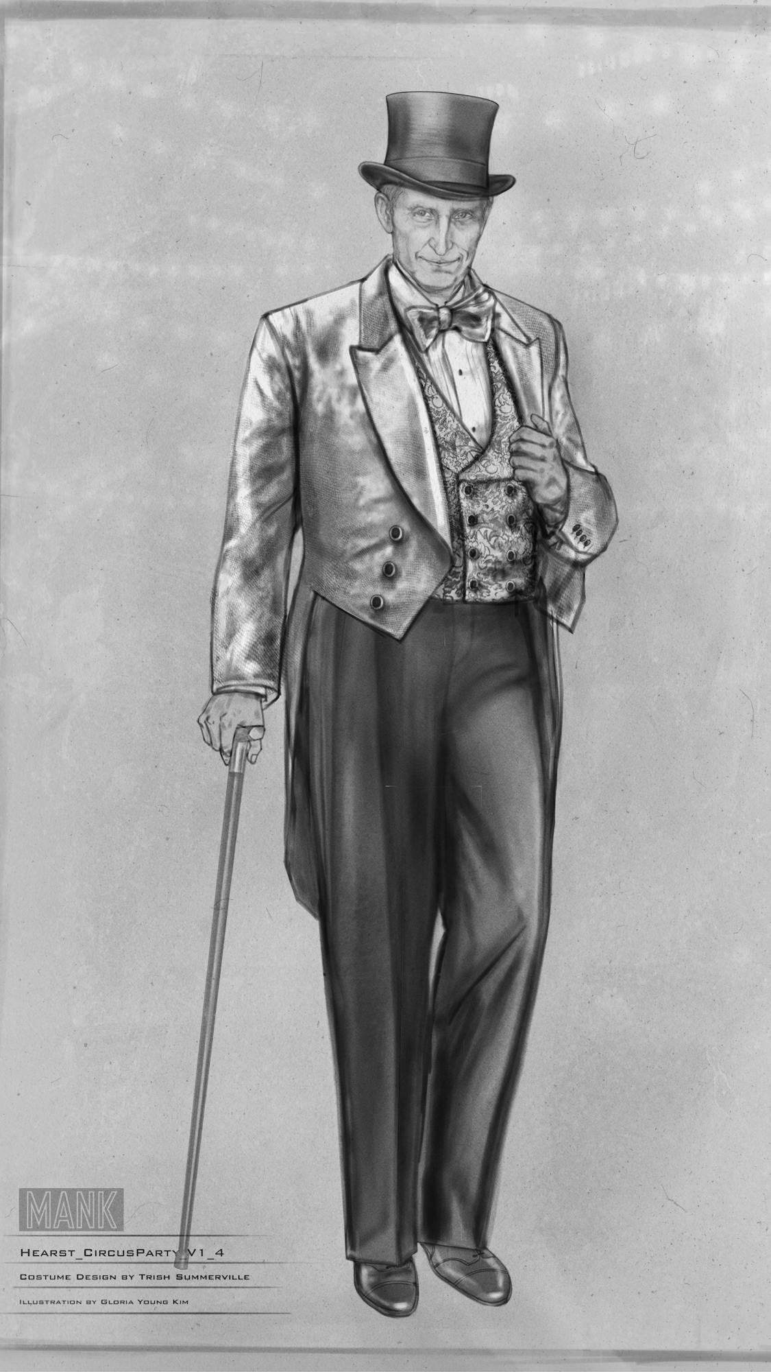 Black-and-white costume sketch of William Randolph Hearst dressed up for a party. He wears a top-hat, tails, and a bowtie, and holds a cane. Even in two-dimensional black-and-white his champagne-colored jacket and vest conjure a certain je ne sais quoi. 