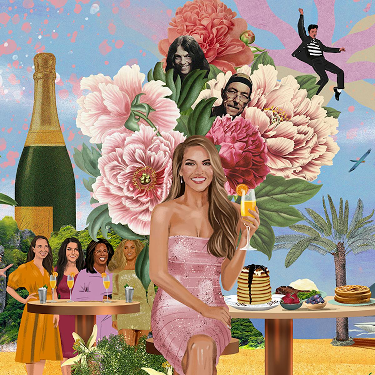 A collage of all of the people at Chrisell Stause’s last supper. The sky is streaked with pink and yellow, and there are peonies and trees on a yellow-sand beach. The group includes her parents, Elvis, the Obamas, Oprah, Pink, Beyonce, and other Selling Sunset crew members. There is a massive bottle of Veuve Cliquot in the middle of the group