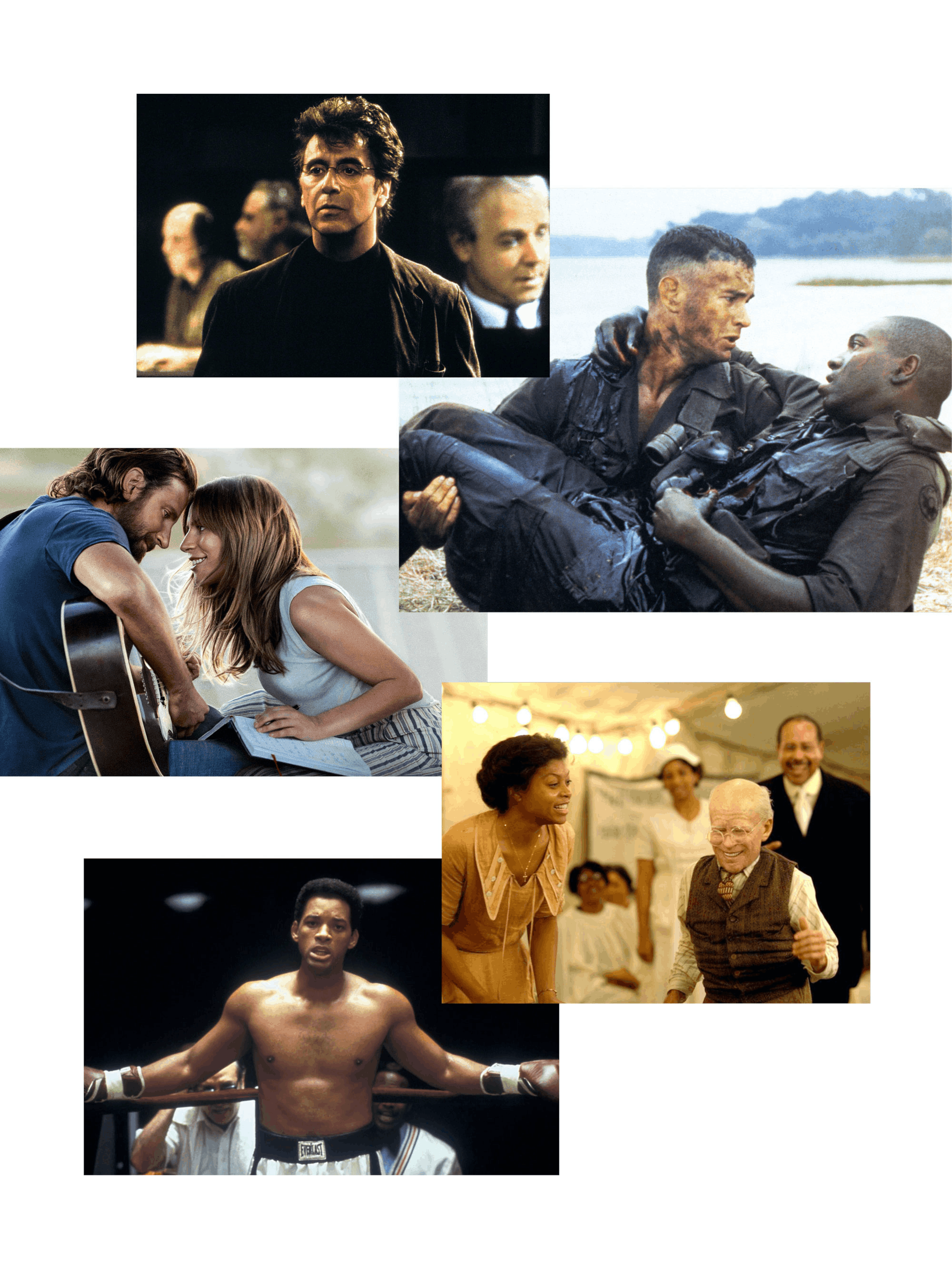 A collage of stills from the films. The still from The Insider shows Al Pacino as Lowell Bergman, in glasses and a jacket. From Forrest Gump, Tom Hanks as Forrest holds his fallen fellow soldier Bubba (played by Mykelti Williamson) in his arms. From A Star Is Born, Bradley Cooper as Jackson Maine and Lady Gaga as Ally are in the middle of a romantic duet. From The Curious Case of Benjamin Button, Mr. Button, portrayed as a remarkably old baby by Robert Towers, dances with Blanche Devereux, played by Donna Duplantier. In Ali, Will Smith as the famous boxer himself rests against the ropes.