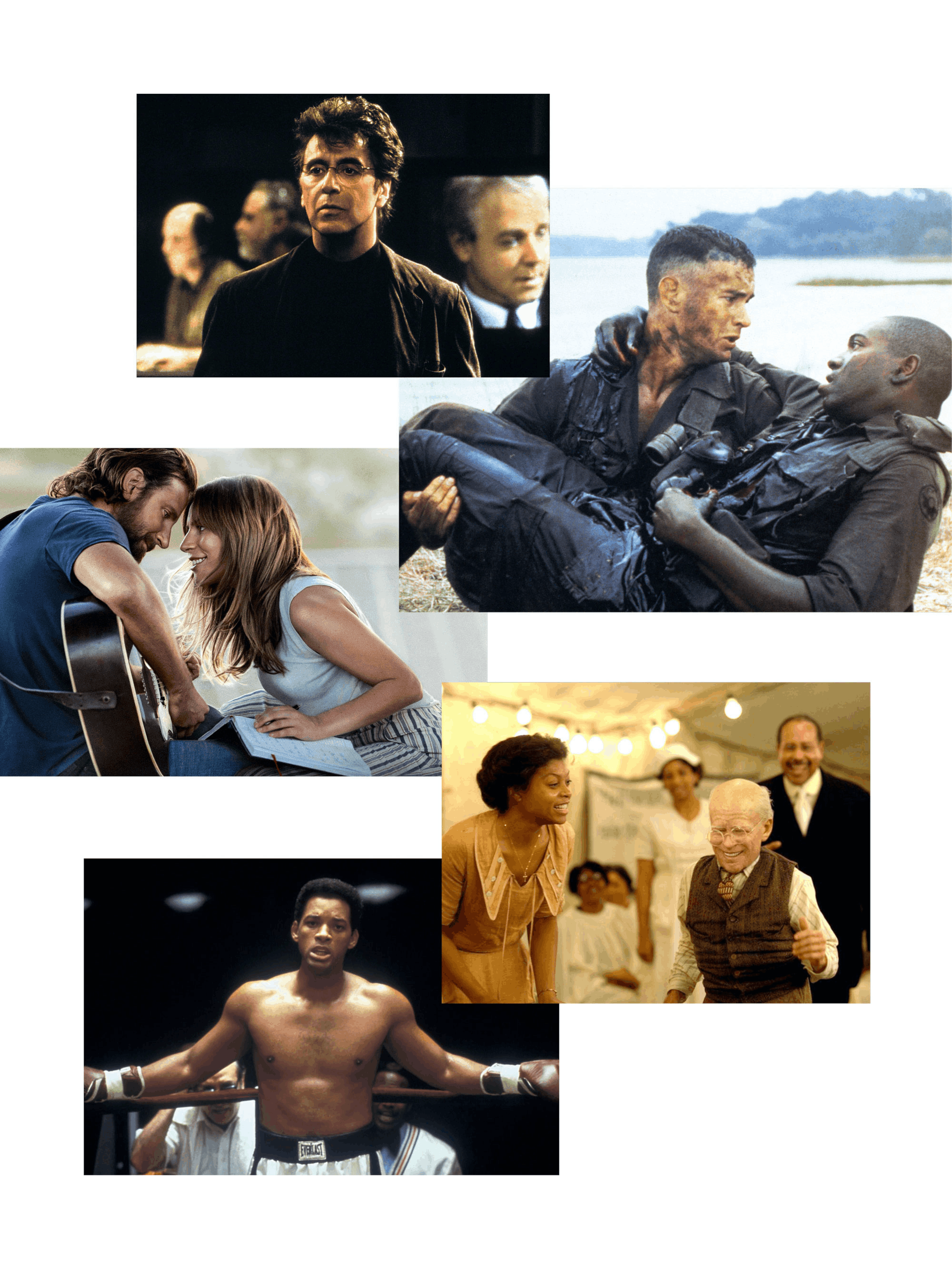 A collage of stills from the films. The still from The Insider shows Al Pacino as Lowell Bergman, in glasses and a jacket. From Forrest Gump, Tom Hanks as Forrest holds his fallen fellow soldier Bubba (played by Mykelti Williamson) in his arms. From A Star Is Born, Bradley Cooper as Jackson Maine and Lady Gaga as Ally are in the middle of a romantic duet. From The Curious Case of Benjamin Button, Mr. Button, portrayed as a remarkably old baby by Robert Towers, dances with Blanche Devereux, played by Donna Duplantier. In Ali, Will Smith as the famous boxer himself rests against the ropes. 