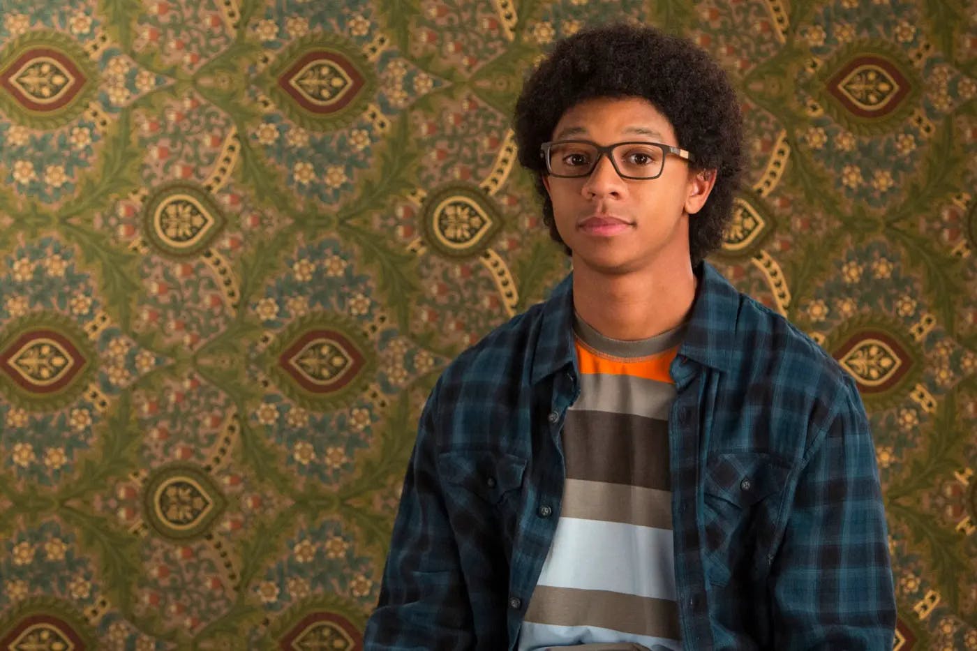 Lionel Higgins (DeRon Horton) sits in front of a floral patterned background.  He wears brown framed glasses, an unbuttoned blue checked flannel shirt, and a multi-coloured striped t-shirt.