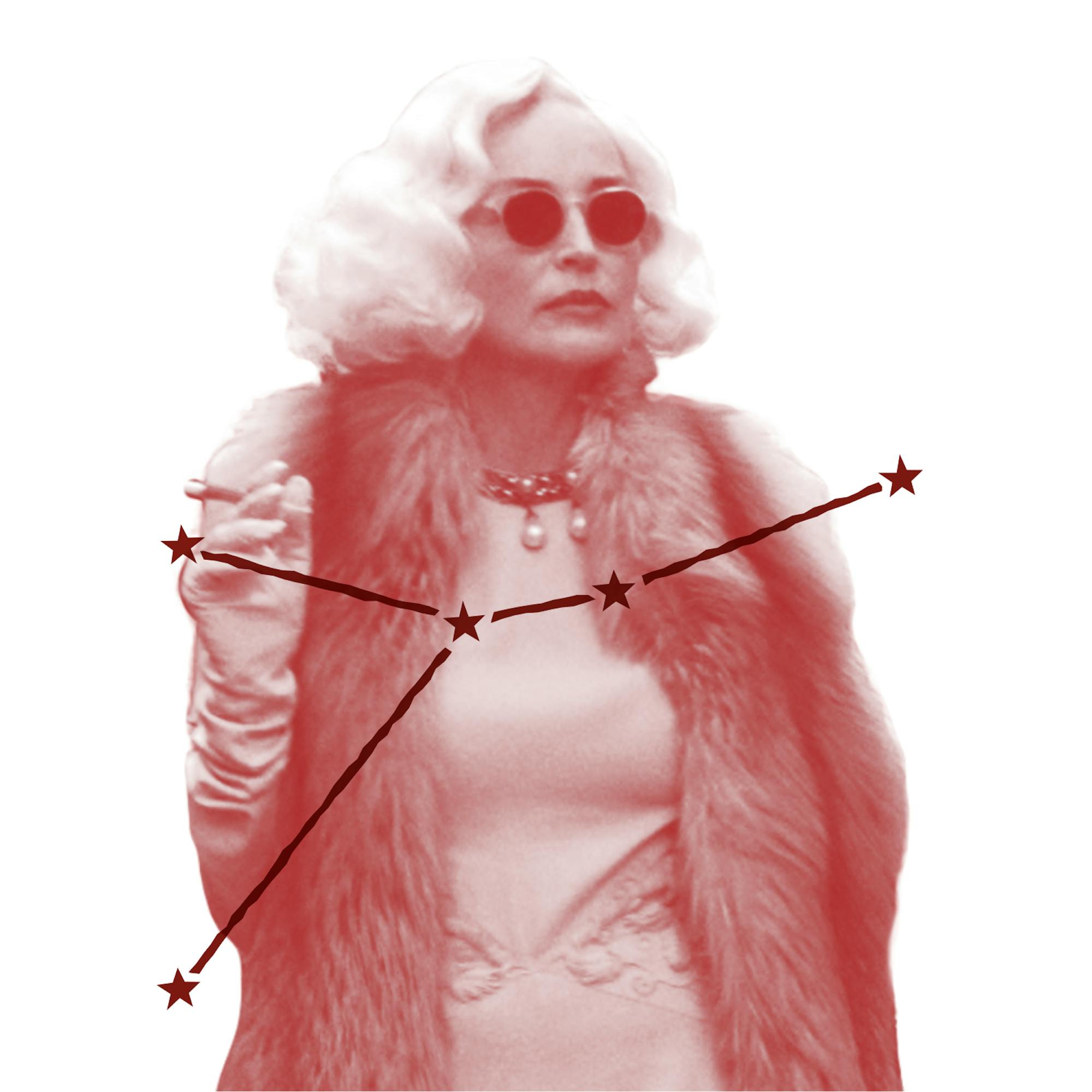 Lenore Osgood (played by Sharon Stone) is chic and tremendously camp in this still from Ratched. She wears white gloves that match her platinum bob, plus furs, pearls, and a pair of sunglasses. (But where’s the monkey?) Over the image is an illustration of Lenore’s zodiac constellation.