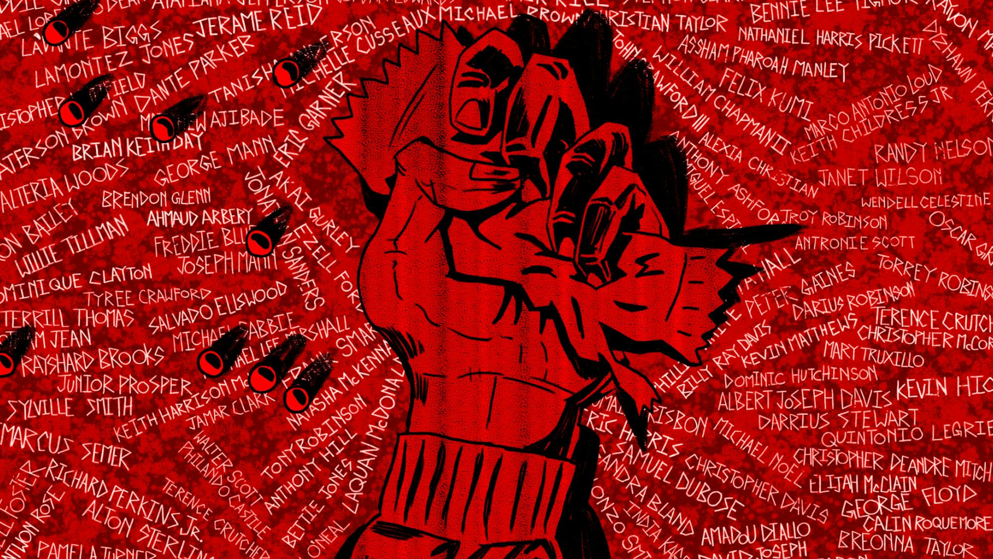An illustration by Molevule VFX shows a hand grasping a candy wrapper. Candies spill out as the hand hits the ground. The scene is cast in red light. On the sidewalk are etched the names of individuals killed, victims of systemic racism: Eric Garner, Darius Robinson, Keith Harrison McLeod, Breonna Taylor, Willie Tillman, Akai Gurley, Michael Brown, Alteria Woods, Albert Joseph Davis, Ahmaud Arbery, and on and on and on.