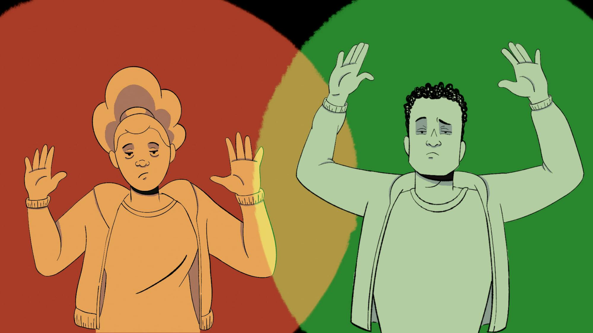 An animation by an anonymous artist. It shows a woman and a man framed in circles of red and green light. Both have their hands up. In the film, this image is accompanied by an increasingly frantic narration: “Red light stop; green light frisk.”