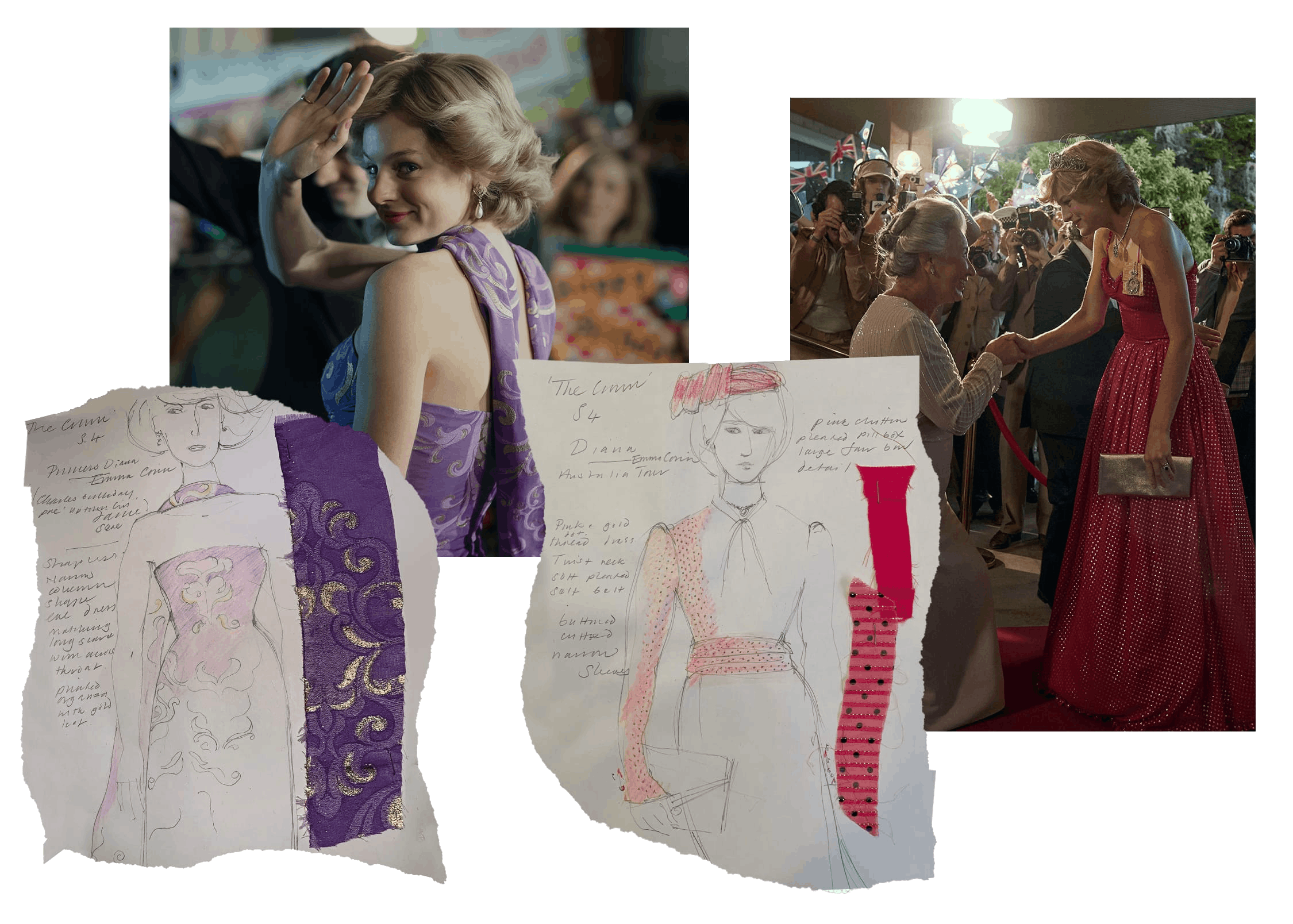 Two images are layered with the dresses’ respective swatches: one purple and one red. In the first, Diana waves over her shoulder. In the second she shakes a woman’s hand.