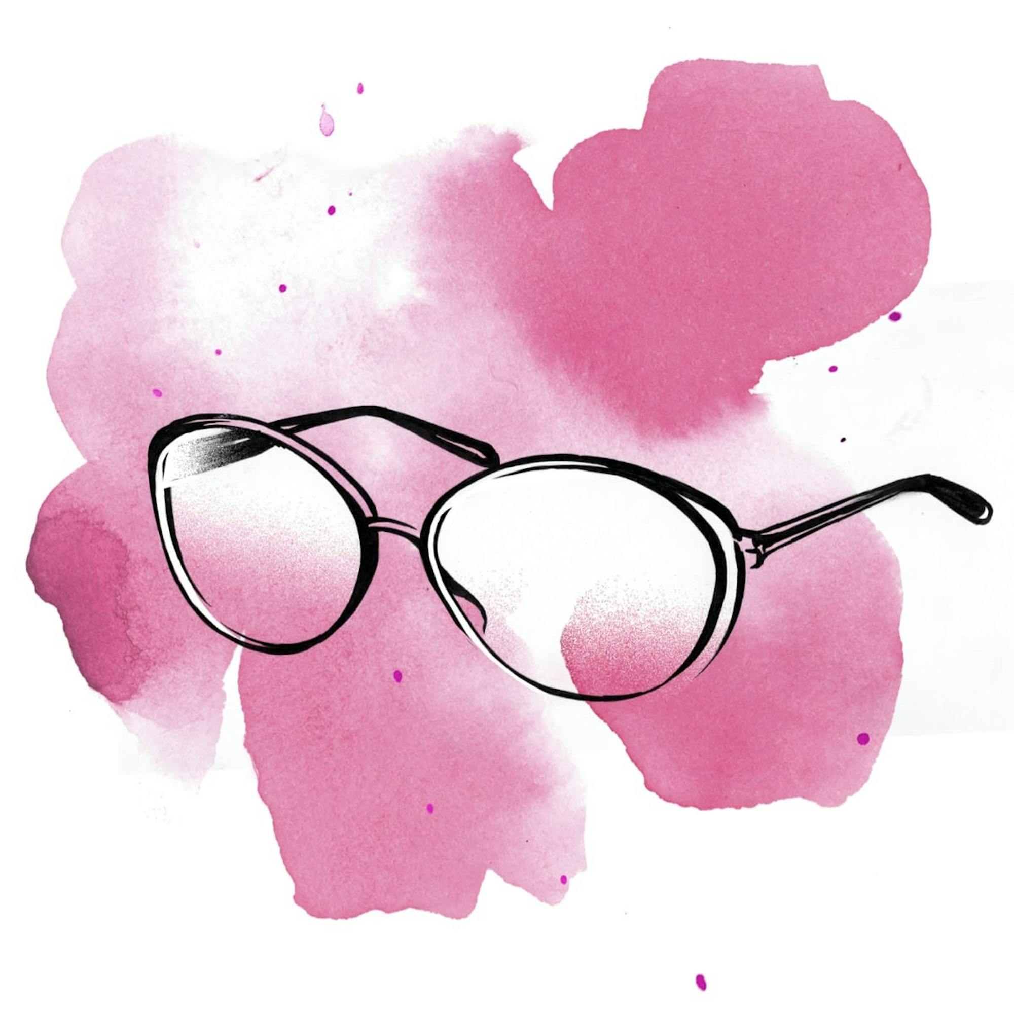 A whimsical watercolor illustration of glasses à la Miranda Priestly, Meryl Streep’s iconic character from The Devil Wears Prada.