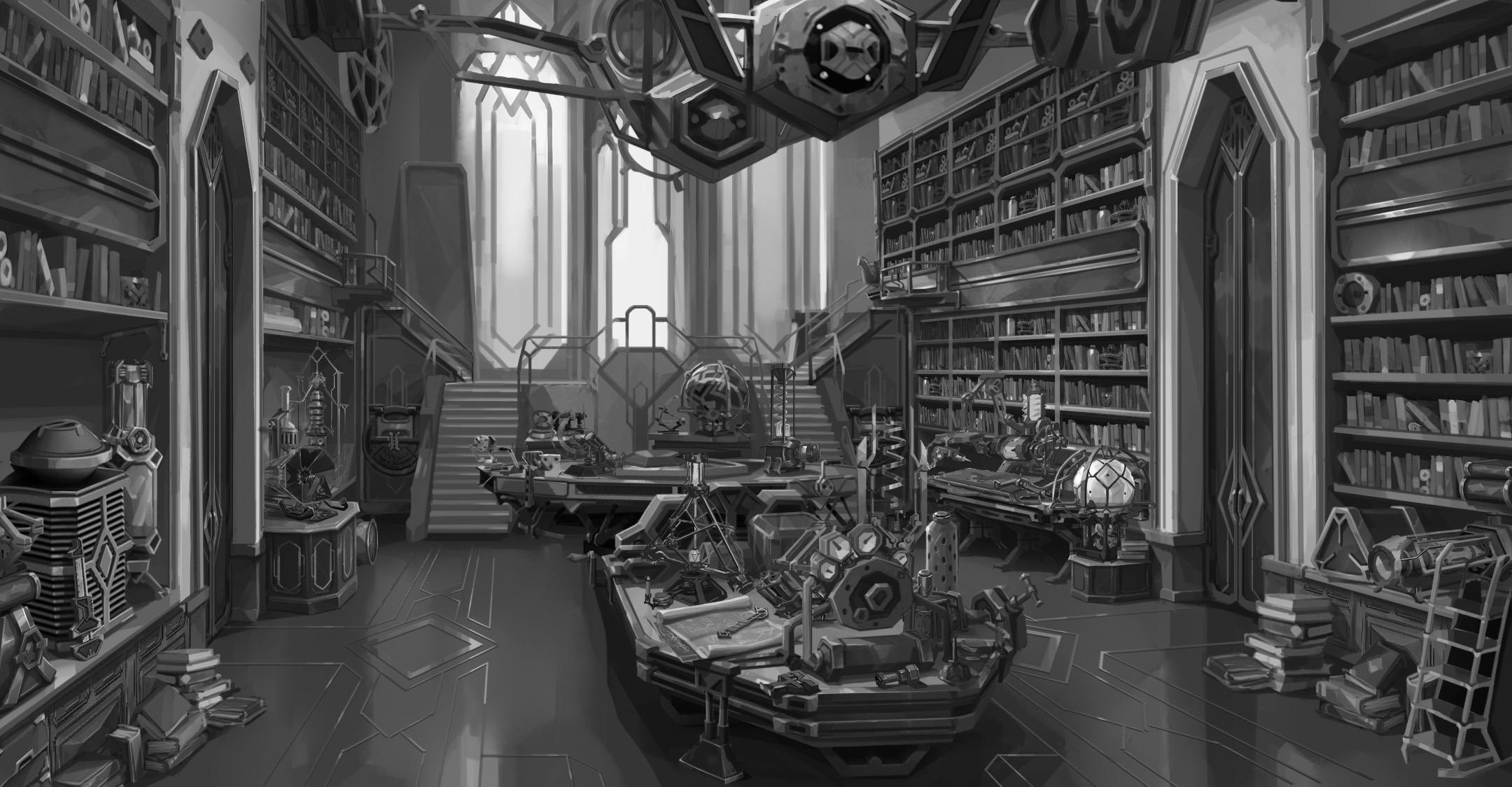 A black and white image of a library, with intricate contraptions lying about and hanging from the ceiling.