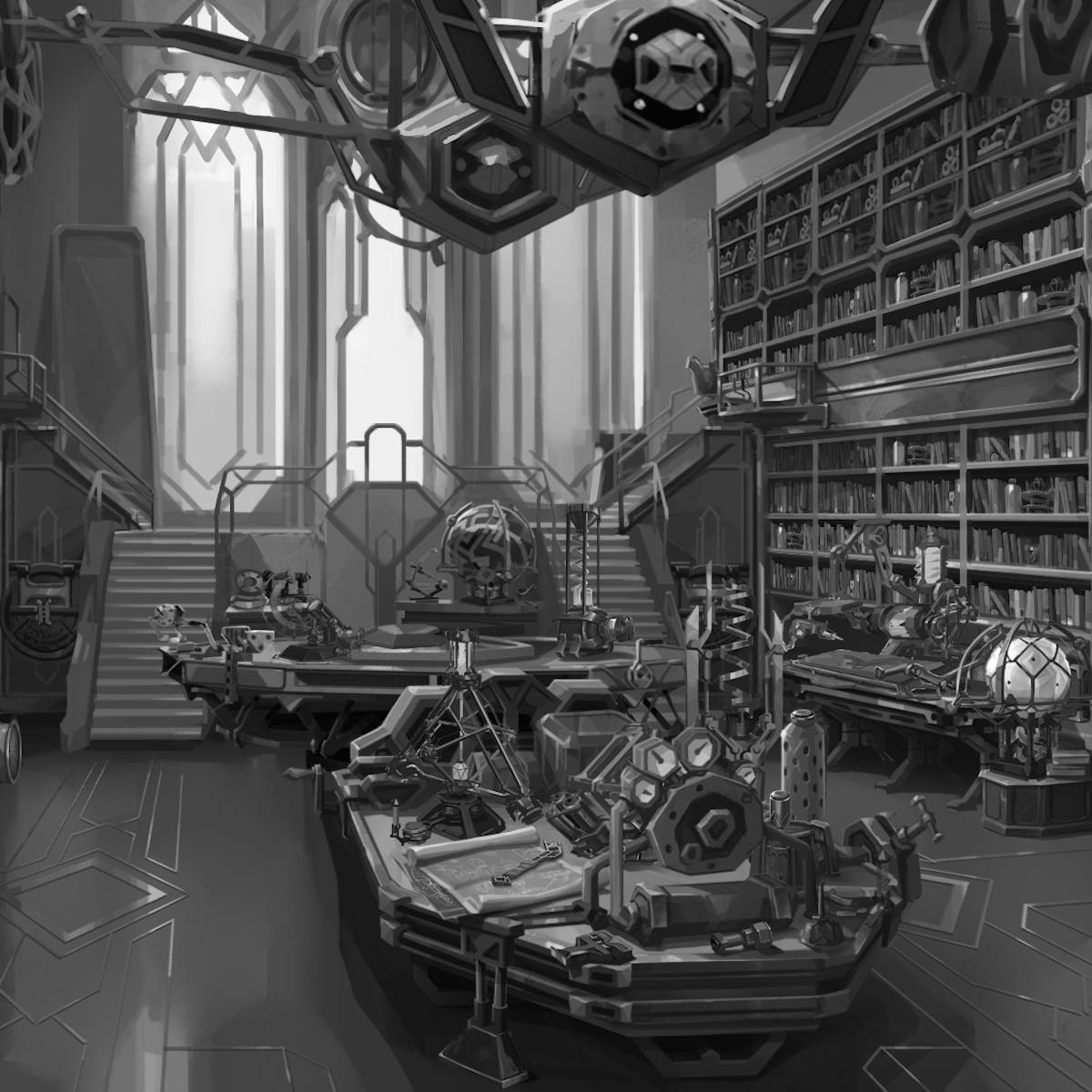 A black and white image of a library, with intricate contraptions lying about and hanging from the ceiling.