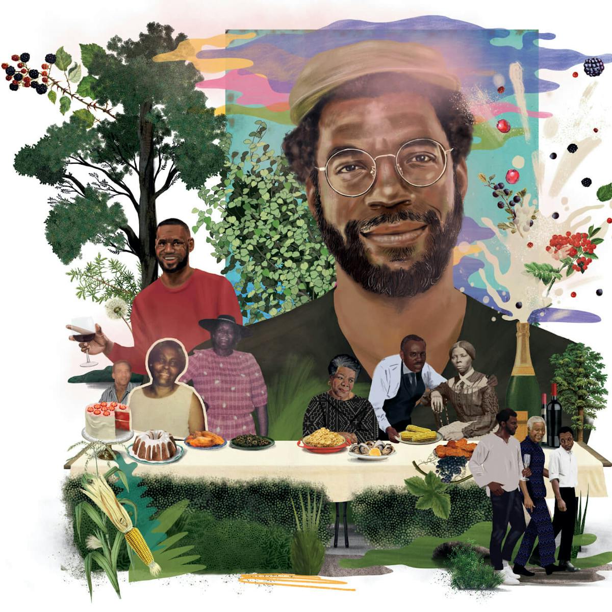 Illustration depicting Stephen Satterfield's dream last supper. A long table dressed in a cream table cloth is topped with various dishes, cakes, and bottles of wine and champagne. Around the table are depicted Stephen's parents and grandparents, alongside Maya Angelou, James Baldwin, Harriet Tubman, Nelson Mandela, and LeBron James. The setting is in a field in Atlanta, surrounded by trees and crops growing.