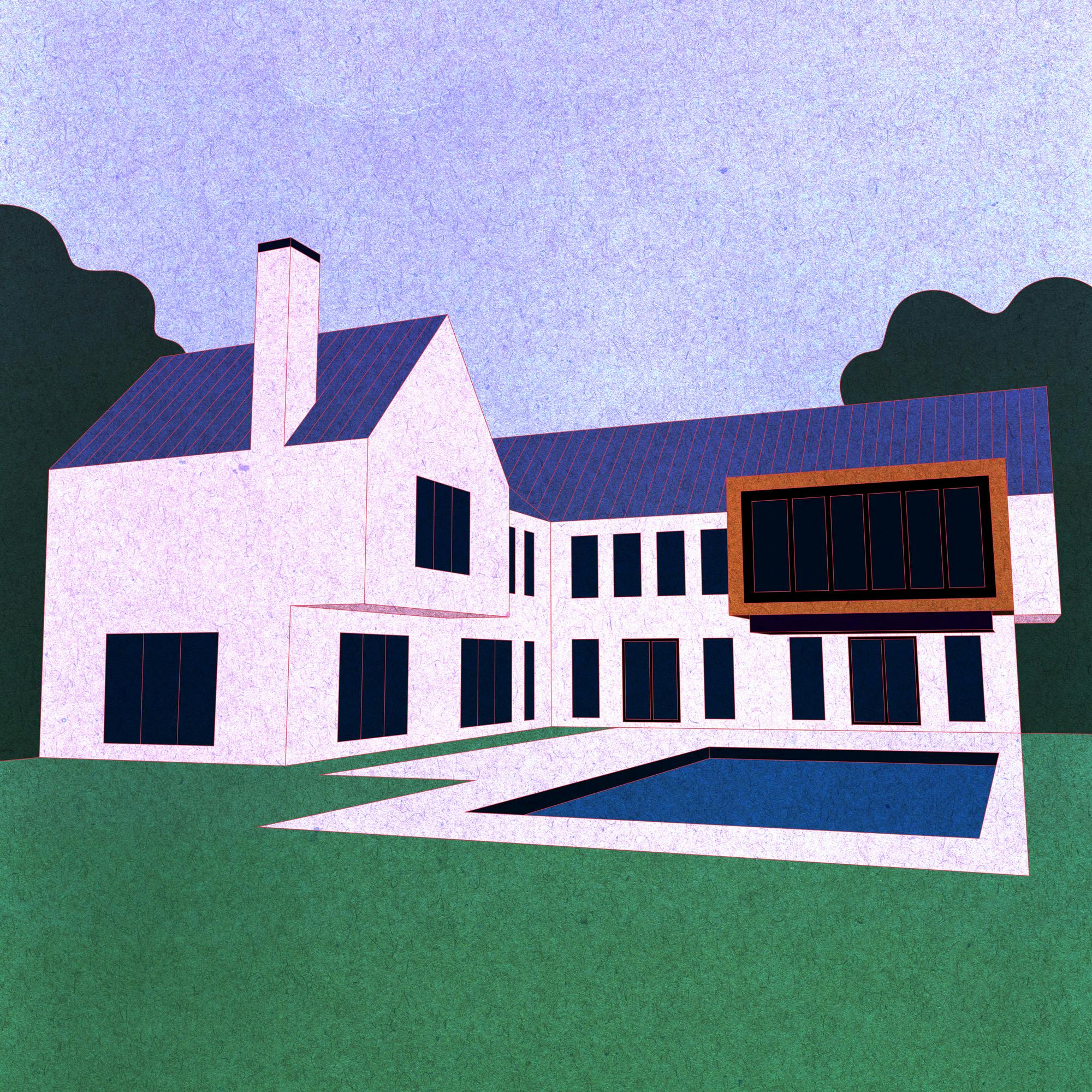An illustration of the modern home where the majority of the film takes place. A two-story home in an L shape, with a pool. 