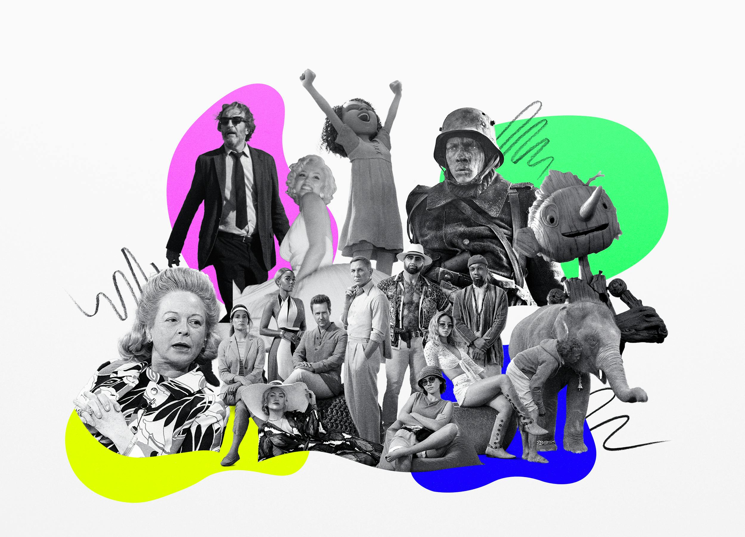 A graphic of Netflix's Oscar nominated titles including The Martha Mitchell Effect, BARDO, Glass Onion: A Knives Out Mystery, Blonde, The Sea Beast, Guillermo del Toro's Pinocchio, The Elephant Whisperers, and All Quiet on the Western Front. Behind them are blobs of color in yellow, blue, green, and pink.