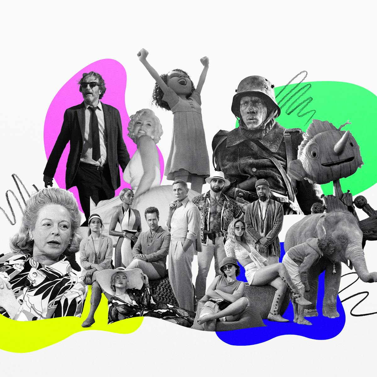 A graphic of Netflix's Oscar nominated titles including The Martha Mitchell Effect, BARDO, Glass Onion: A Knives Out Mystery, Blonde, The Sea Beast, Guillermo del Toro's Pinocchio, The Elephant Whisperers, and All Quiet on the Western Front. Behind them are blobs of color in yellow, blue, green, and pink.