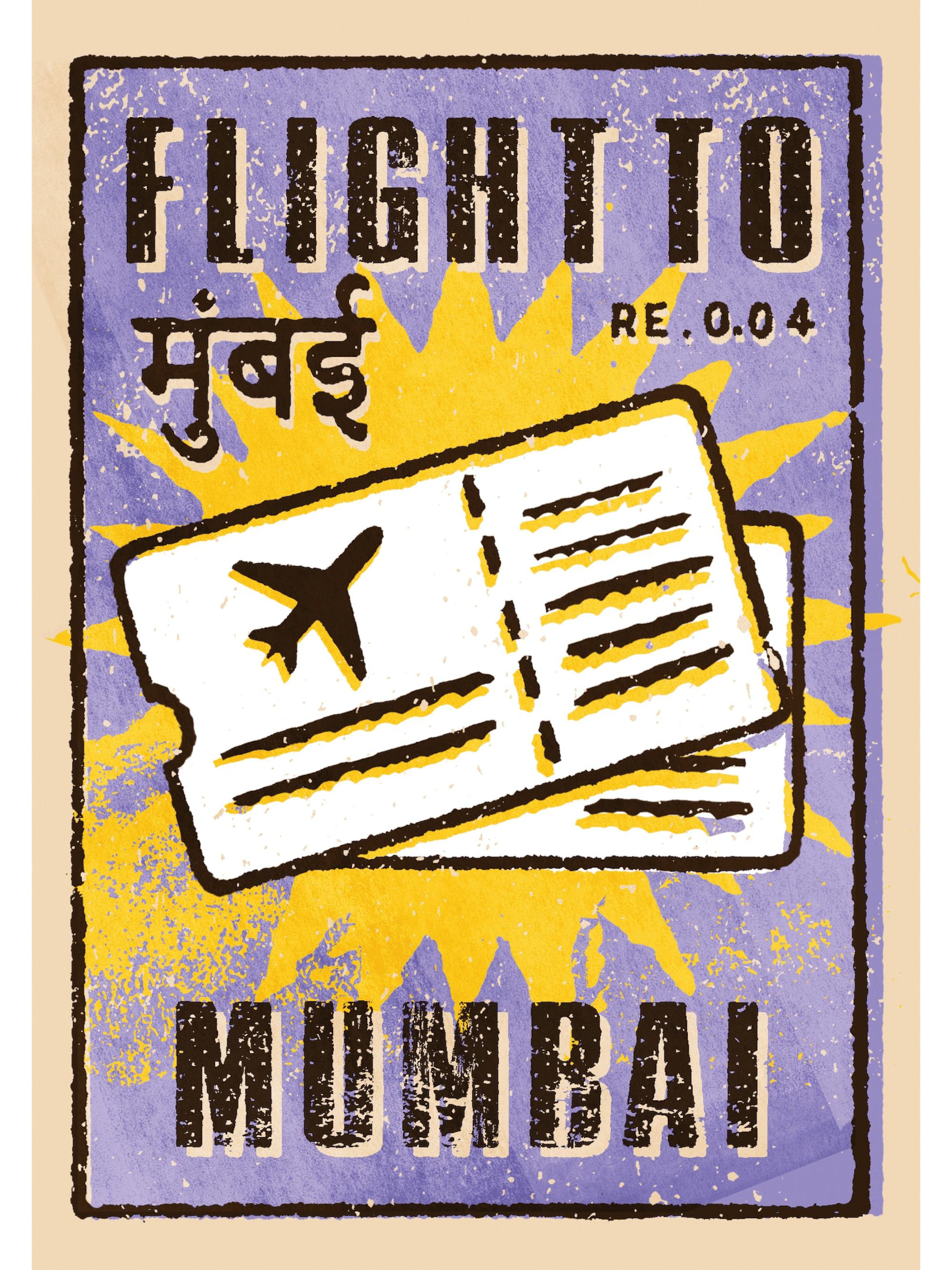 Two plane tickets lie collated with the text: ‘flight to mumbai.’ The background is purple with a star shaped yellow figure, the tickets are white with black detailing, and the text is black. 