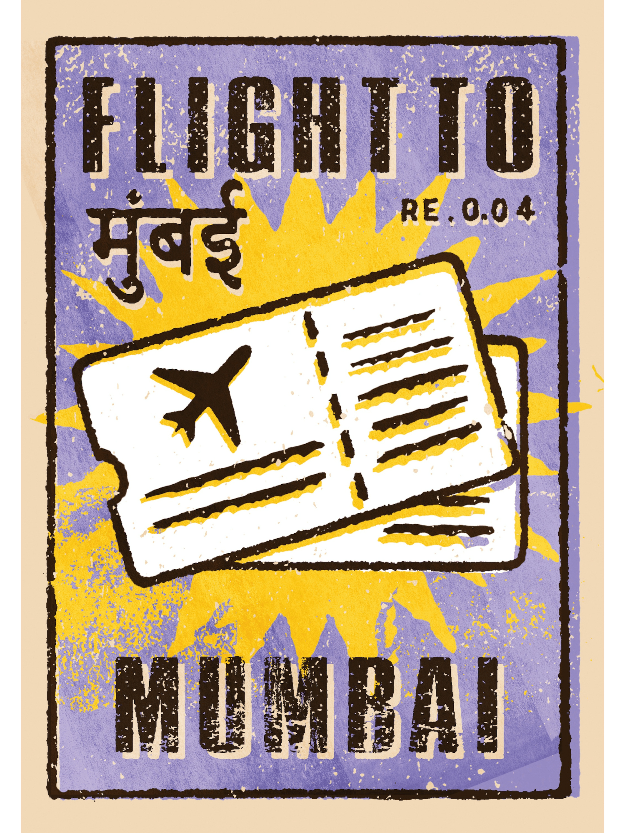 Two plane tickets lie collated with the text: ‘flight to mumbai.’ The background is purple with a star shaped yellow figure, the tickets are white with black detailing, and the text is black.
