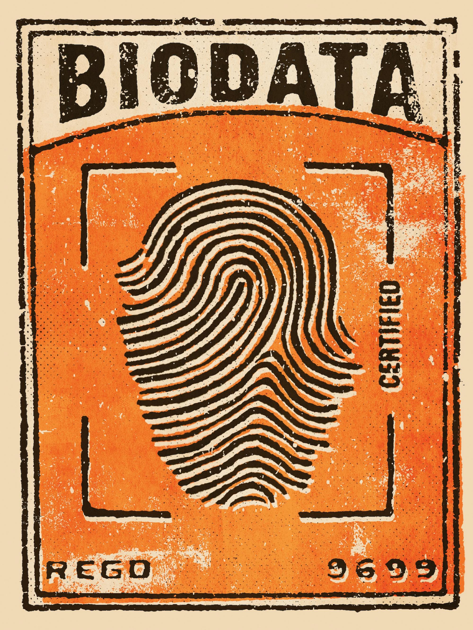 This image shows a fingerprint, against an orange background. The words ‘certified’ edge the left side, and ‘biodata’ reads above. 