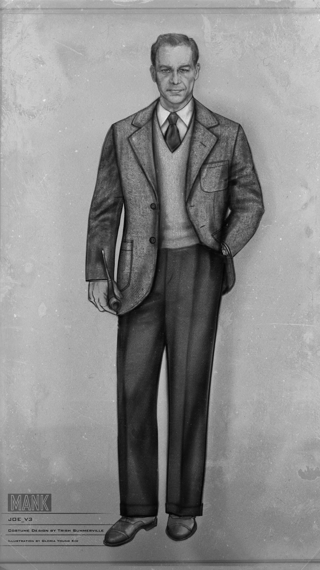 Black-and-white costume sketch of Joe Mankiewicz. He wears a gray suit with matching knit v-neck underneath his jacket, and holds a pipe. 