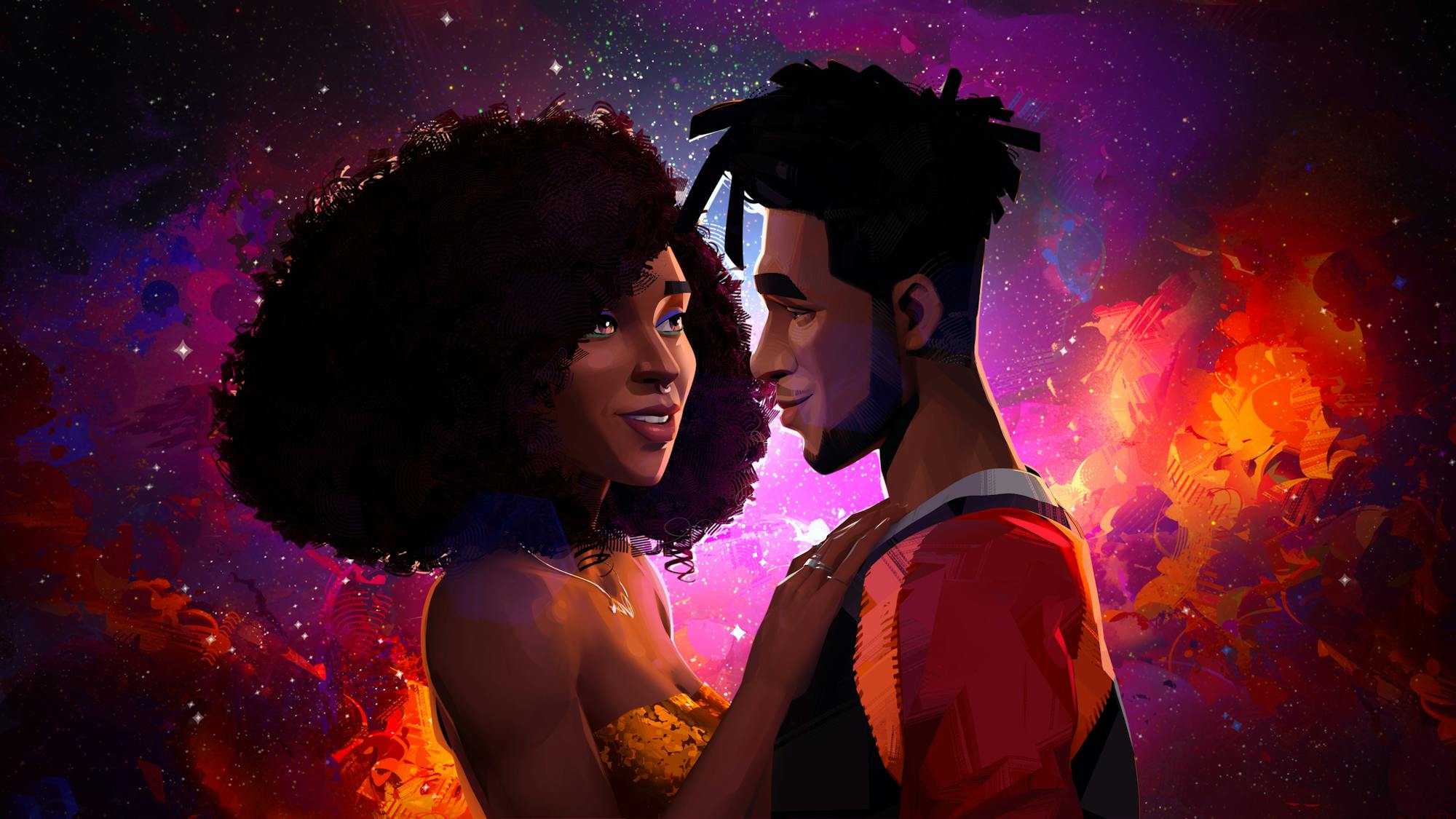 Meadow (Jessica Williams) and Jabari (Scott Mescudi) embrace against an exploding sky.