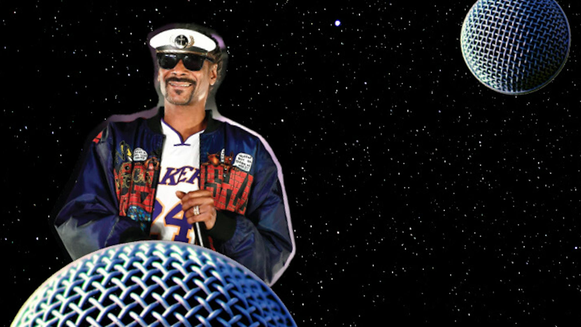 Snoop Dogg smiles and holds the mic to his chest in an animated bomber jacket, Lakers jersey, and captain’s hat.