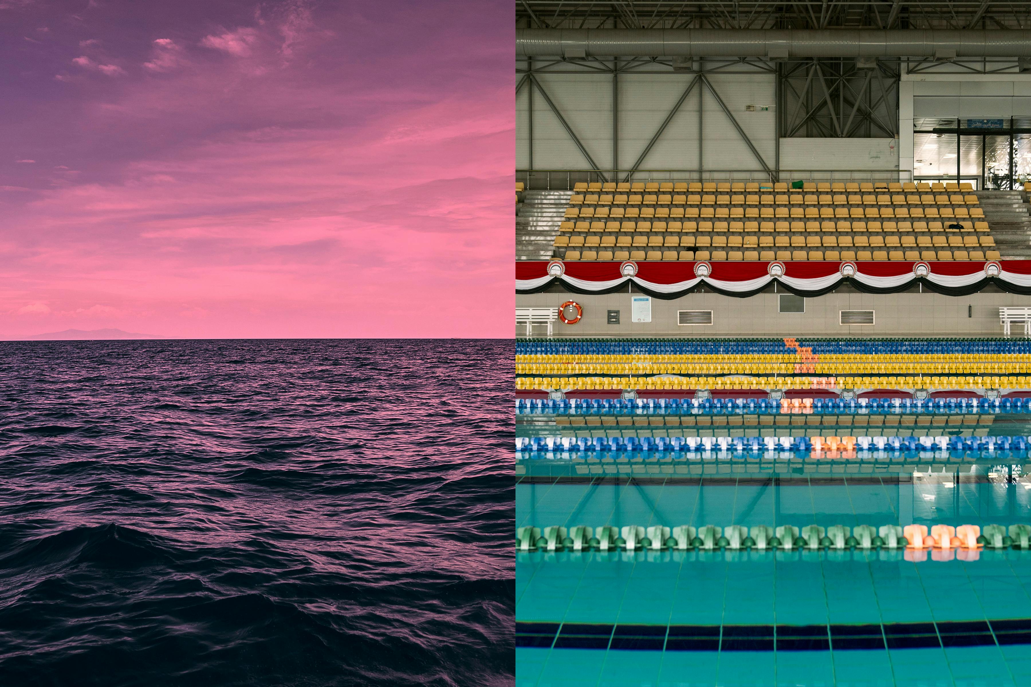 A diptych of the ocean and a pool.