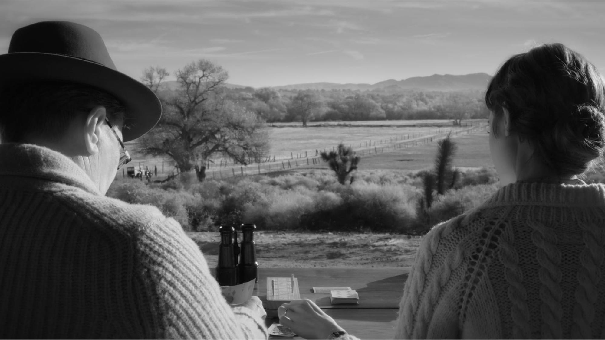 In a shot from the film, we see how the scene above translates to a black-and-white experience. The dusky landscape is a study in grays, and the textures of Oldman’s and Collins’s cable-knit sweaters jump from the screen.