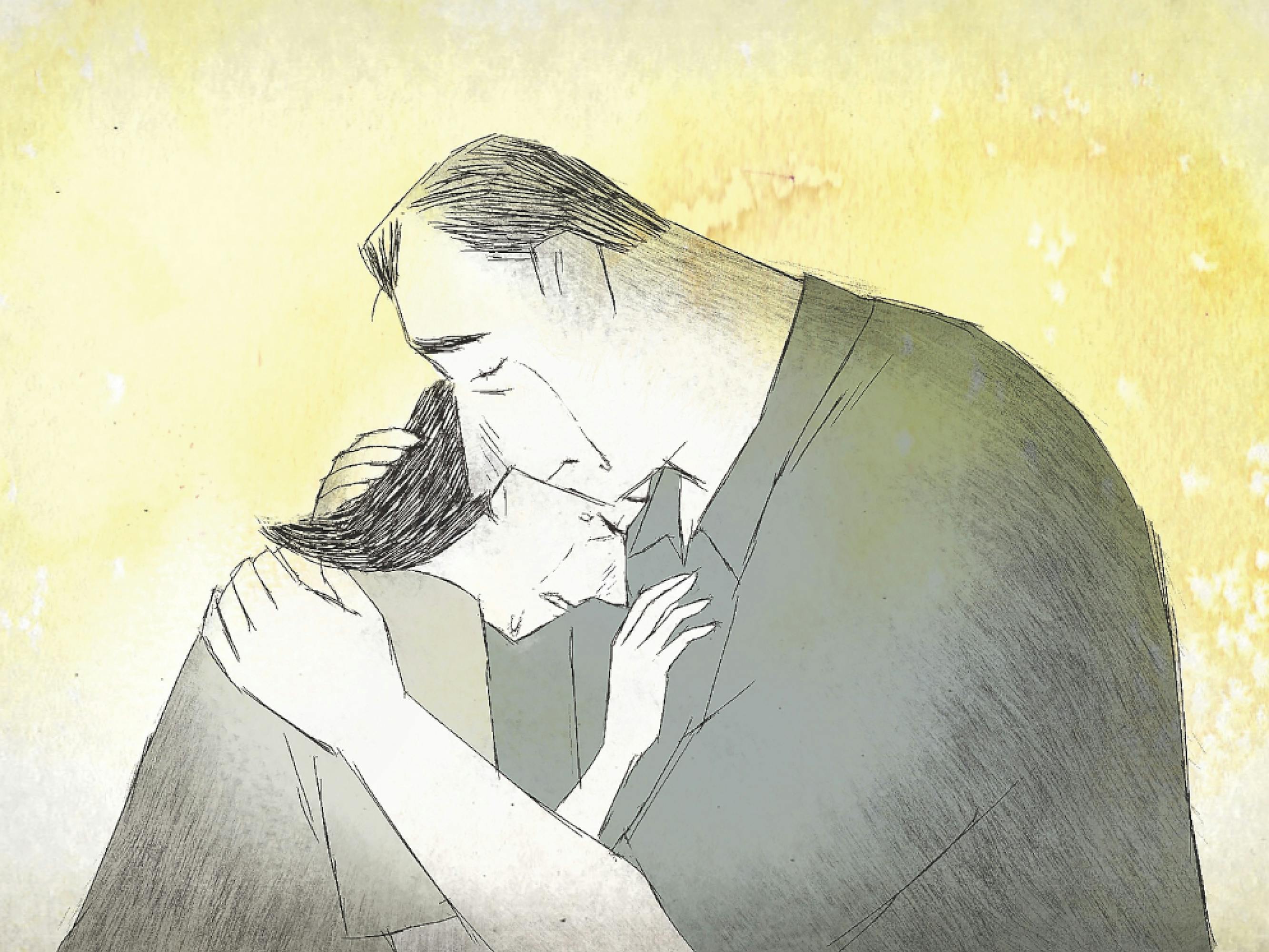 A still from the animated film If Anything Happens I Love You. A yellow-hued watercolor splash surrounds a couple who are embracing each other in grief. Tears run down their somber faces. 