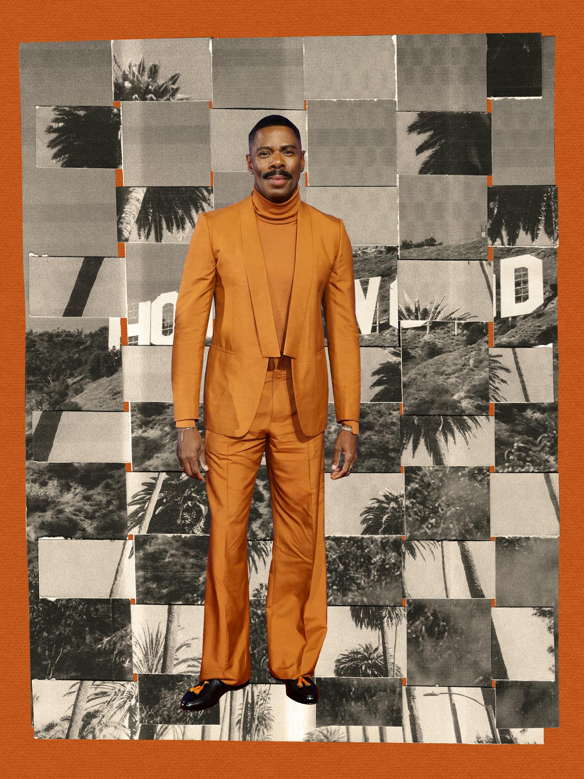 Colman Domingo at the 2024 Palm Springs International Film Festival wears burnt orange against a black-and-white checkerboard collage.