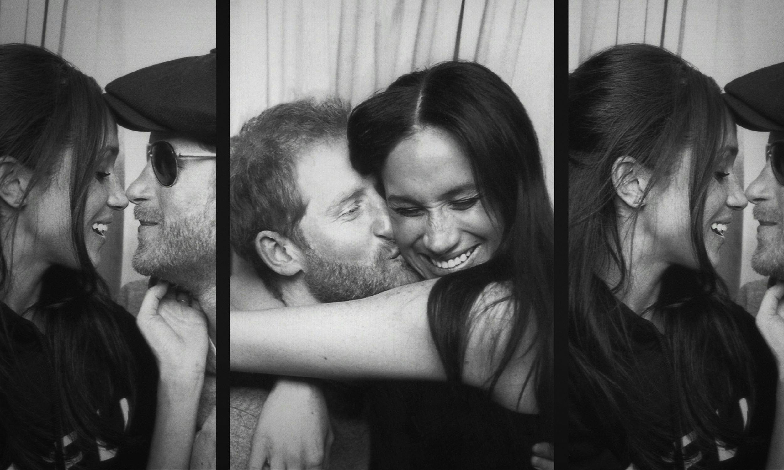 In a series of photobooth pictures, Meghan and Harry kiss and hug. Harry wears a paperboy hat and sunglasses and Meghan wears a black top.