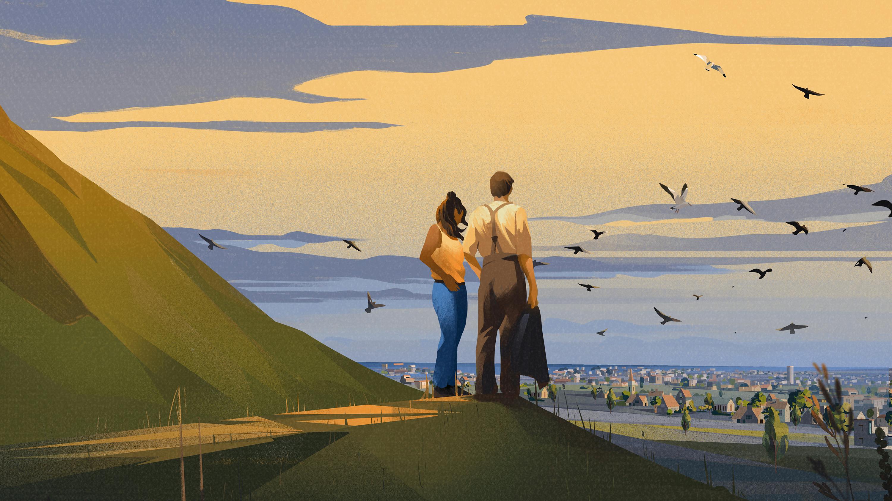 An illustration of Emma and Dexter standing at Arthur’s Seat, looking out at the water.