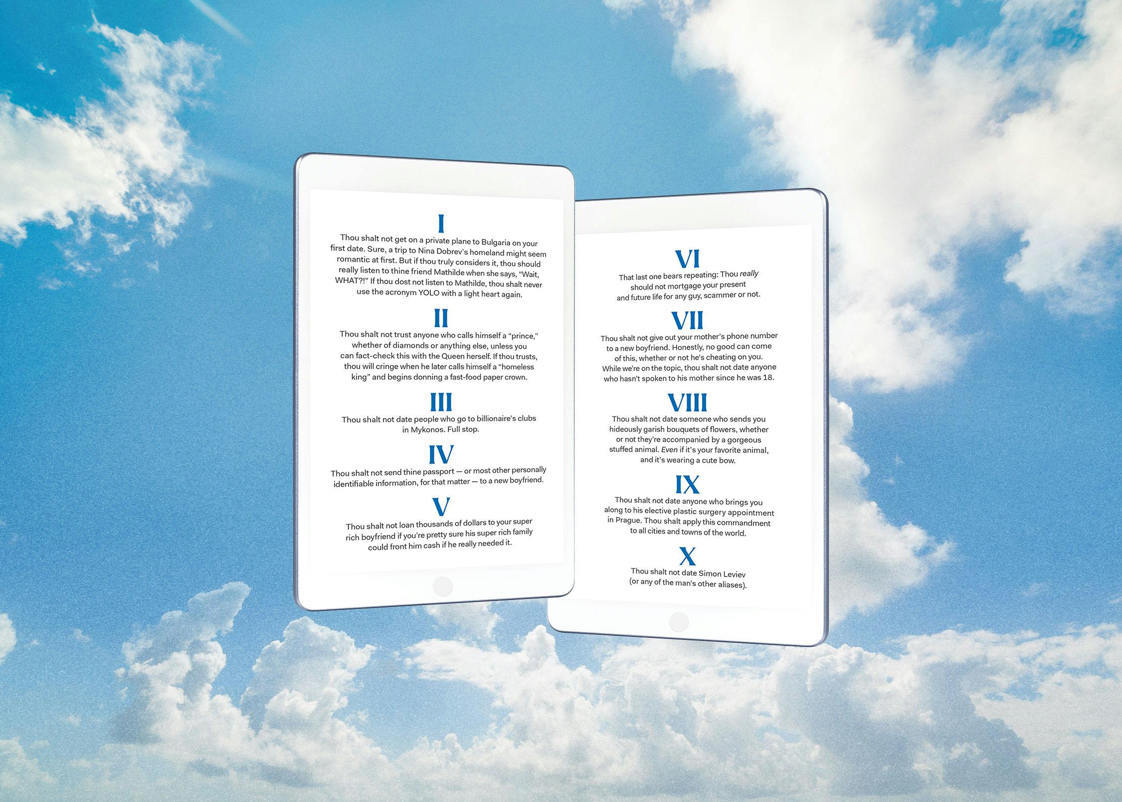 The Ten Commandments written in black and blue font against a blue sky with puffy white clouds.