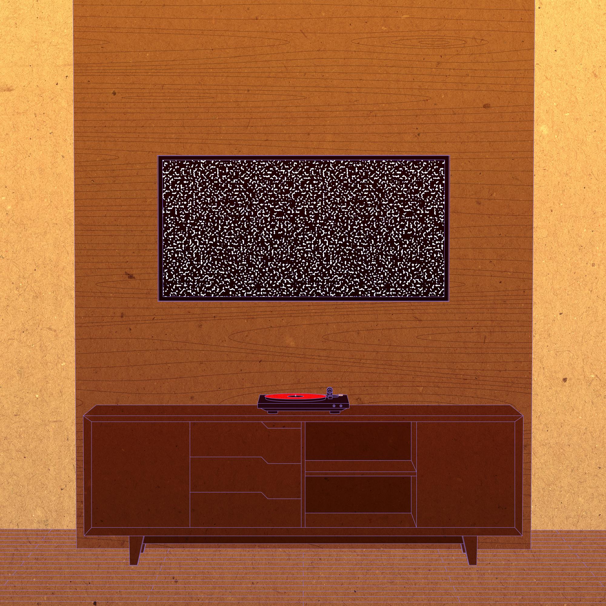 An illustrated TV with static above a credenza.