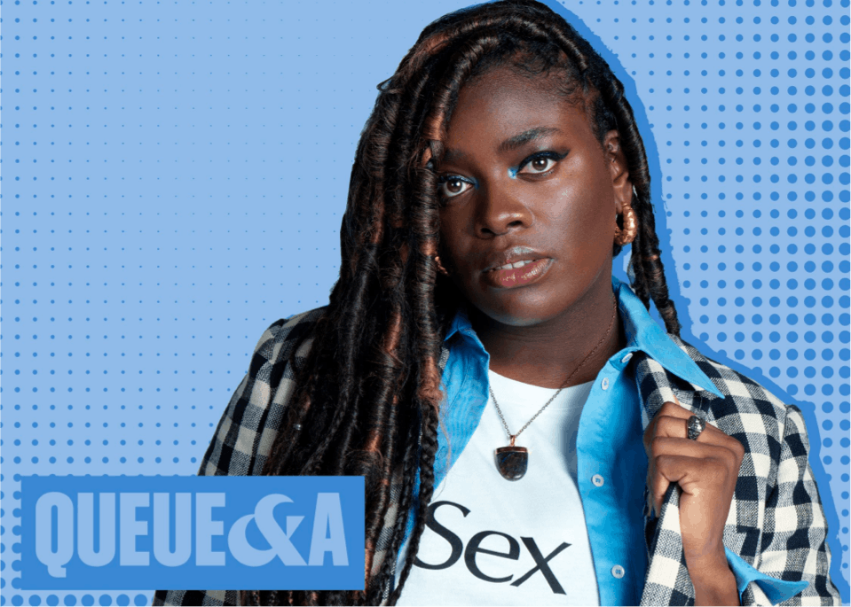Chinenye Ezeudu looks straight on to the camera in a white t-shirt that reads sex, and layered denim and checkered flannels. Her hair is long and her makeup is glittery and striking.