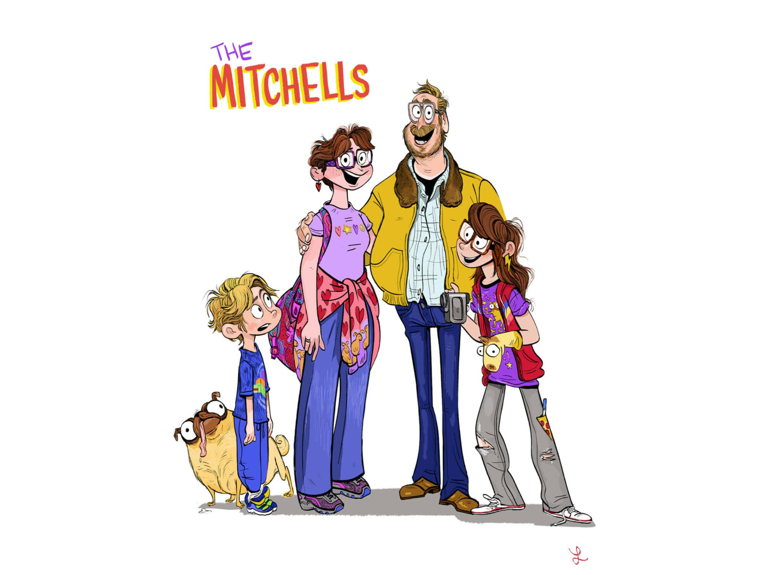 The Mitchells stand together smiling. From left to right: Monchi’s tongue hangs out of his mouth, Aaron wears matching blue sweatpants and a tshirt, Linda wears jeans, sneakers, a purple t-shirt and a pink sweater tied around her waist, Rick wears his classic seventies fit of tight flare jeans and yellow Carhart-esque jacket, and Katie wears ripped grey jeans, holds a camcorder and a sock puppet.