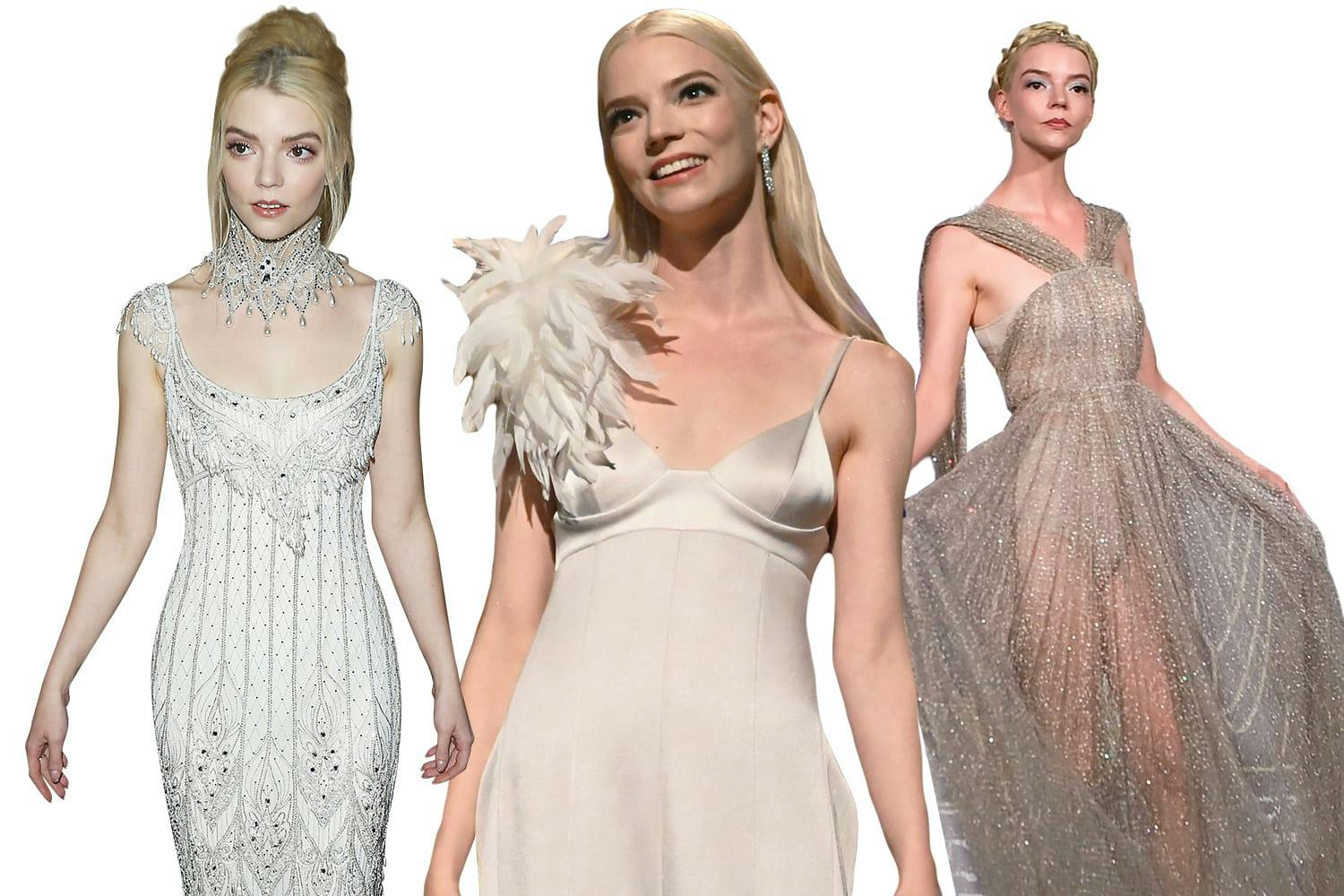From left to right: Anya Taylor-Joy wears a sequined silver and white gown, and matching choker necklace. Her hair is up, and behind her reads: Emma, Focus Feature, and Working Title. She stands in front of flowers; Anya Taylor-Joy wears a silky silver gown with an enormous feather poof on her shoulder. She welcomes the audience in the iconic SNL arena; Anya Taylor-Joy looks incredible in a silver, sheer gown at the 2022 Dior Croisier show in Athens. Her hair is tied up, her legs are just visible through the gauzy fabric, and the backdrop is a Grecian collage of purple, black, and yellow figures.