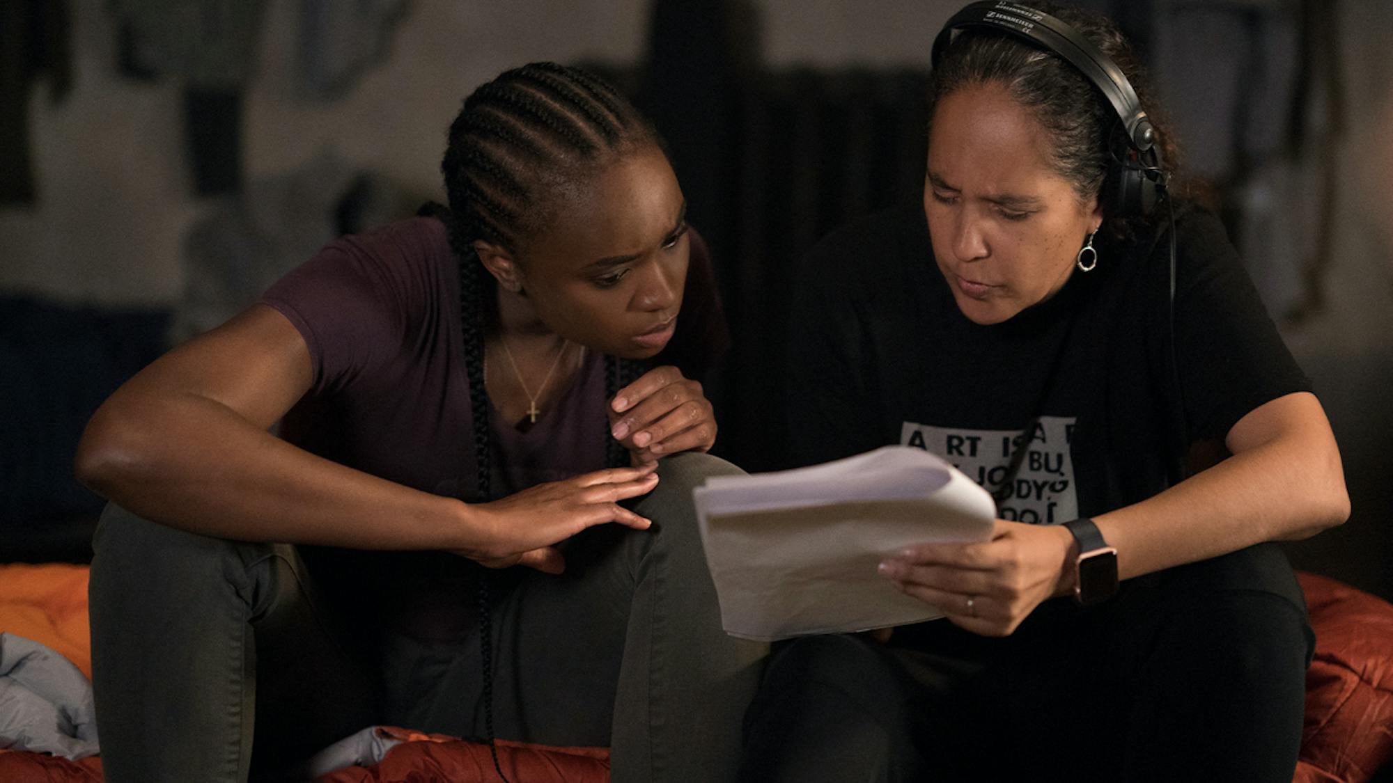 Gina Prince-Bythewood and Kiki Layne on the set of The Old Guard