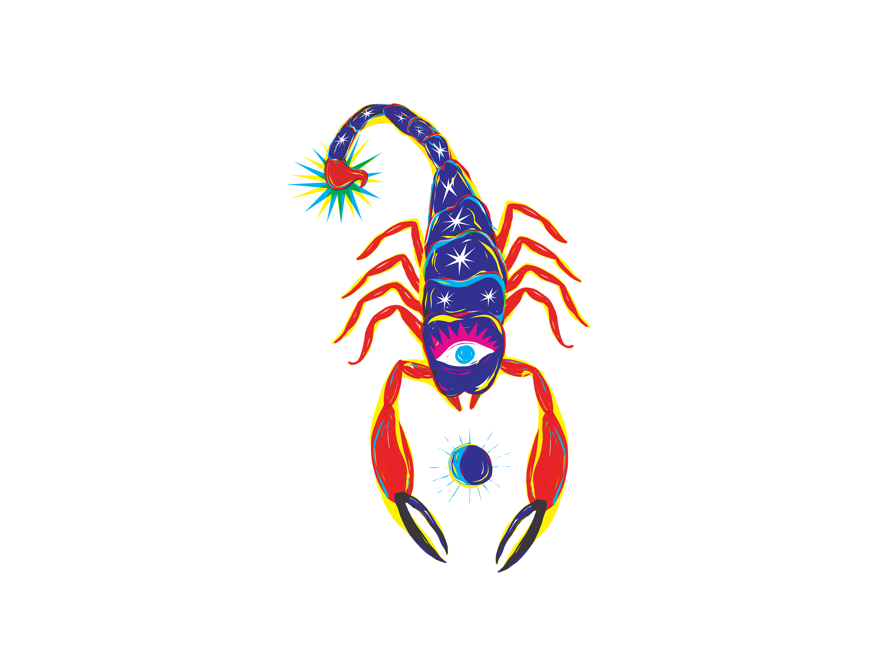 A colorful scorpio with a blue eye in the middle.