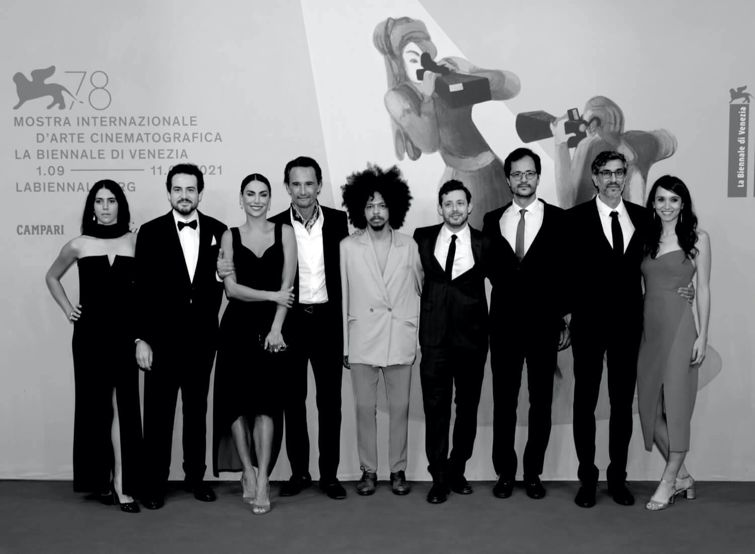 The cast of 7 Prisoners at the film’s premiere at the Venice Film Festival, 2021.